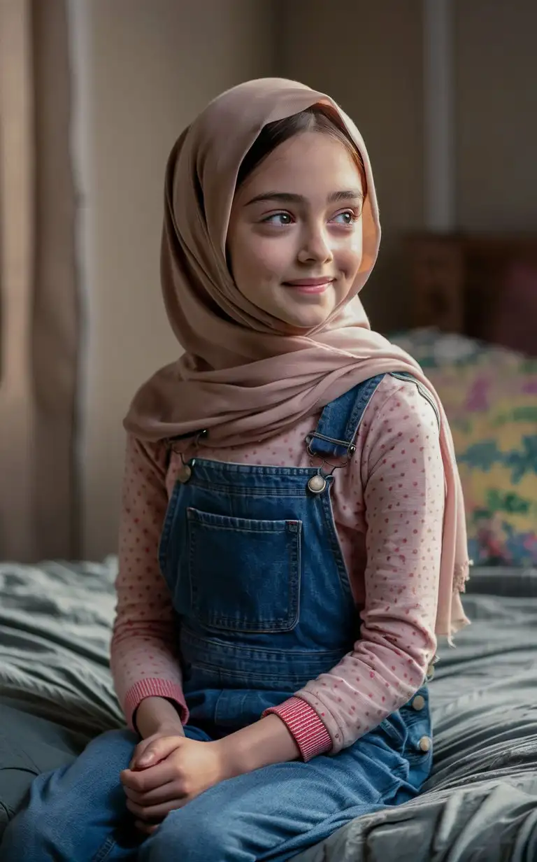 A innocent girl.  14 years old. She wears a hijab, jean overalls,
She is beautiful. She sits on the bed.
Side eye view, petite, plump lips.  Elegant, pretty