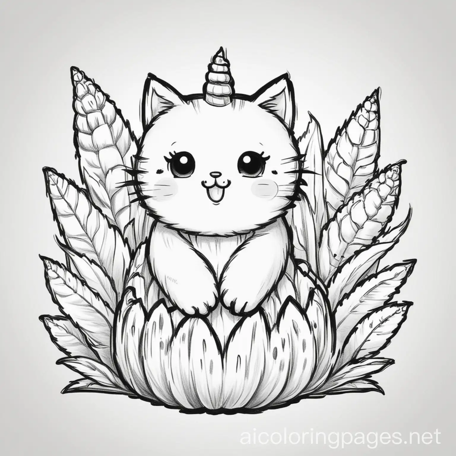 coloring book in black and white cute Kity corn, Coloring Page, black and white, line art, white background, Simplicity, Ample White Space