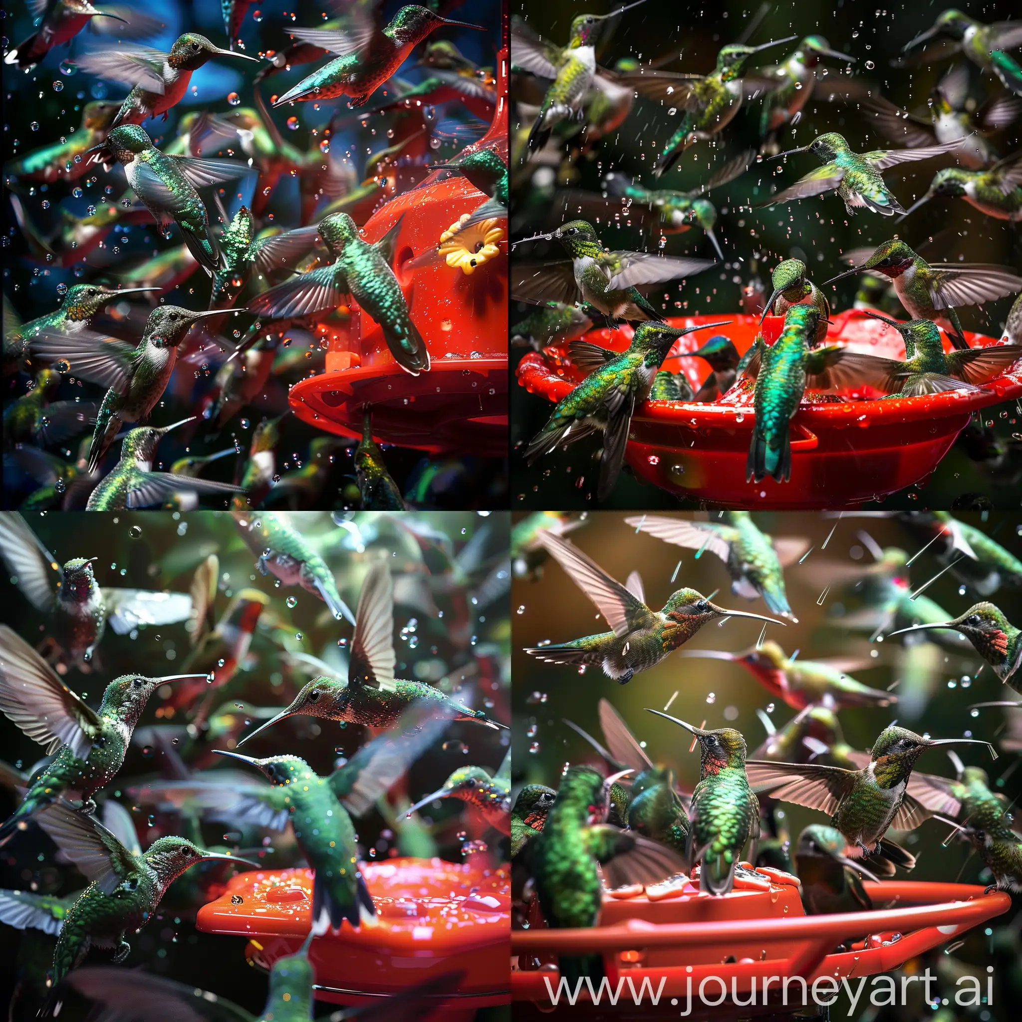 A swarm of metallic-green iridescent hummingbirds clustered around a bright red feeder, their rapidly beating wings frozen in motion, individual water droplets and feather barbs discernible in the 8K, HDR image