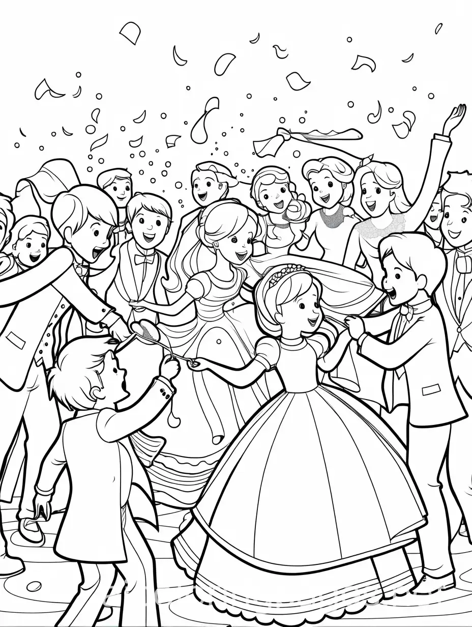 Some kids doing a food fight at a wedding, Coloring Page, black and white, line art, white background, Simplicity, Ample White Space. The background of the coloring page is plain white to make it easy for young children to color within the lines. The outlines of all the subjects are easy to distinguish, making it simple for kids to color without too much difficulty