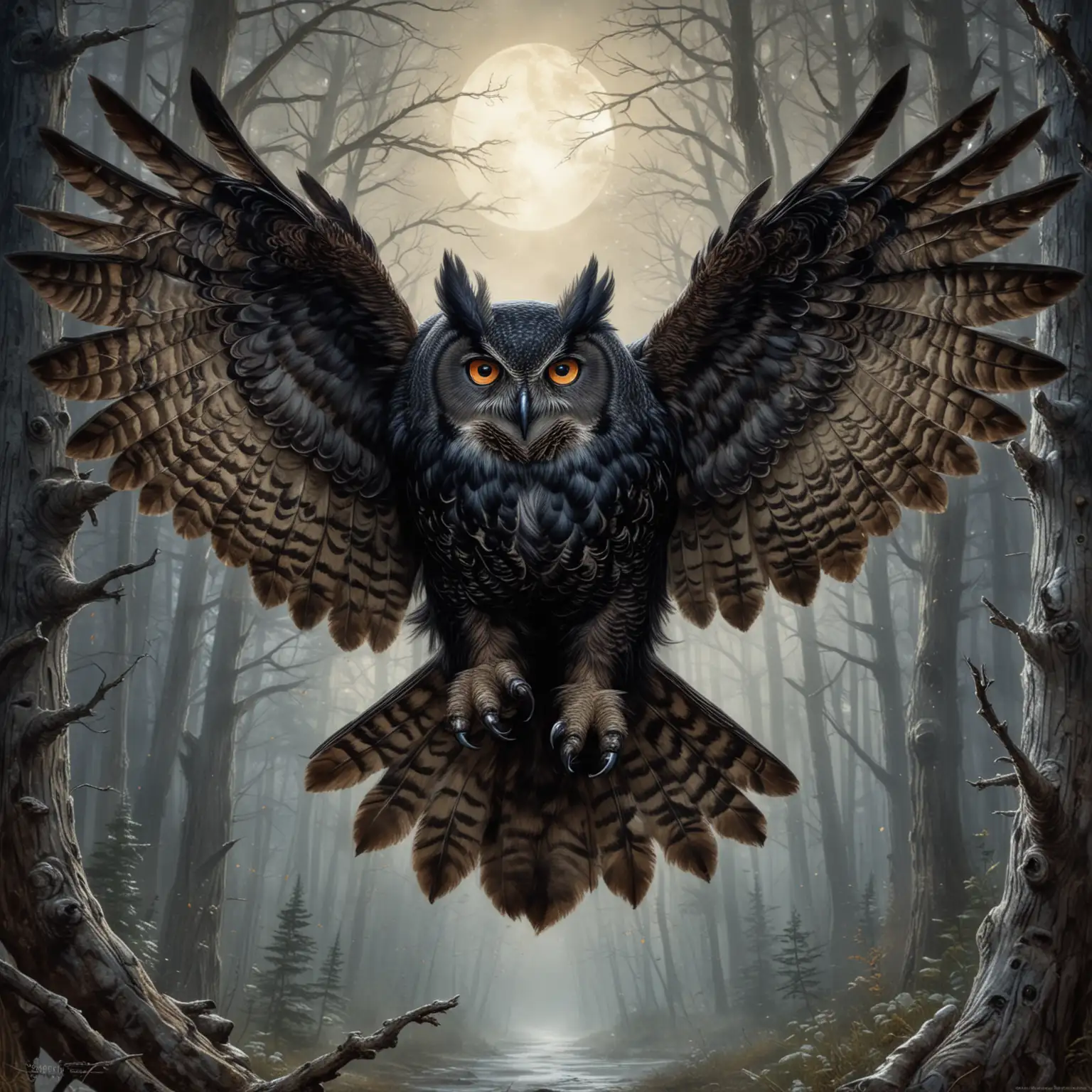 Large black horned owl with piercing eyes, it is fierce, it is mid flight fantasy art
