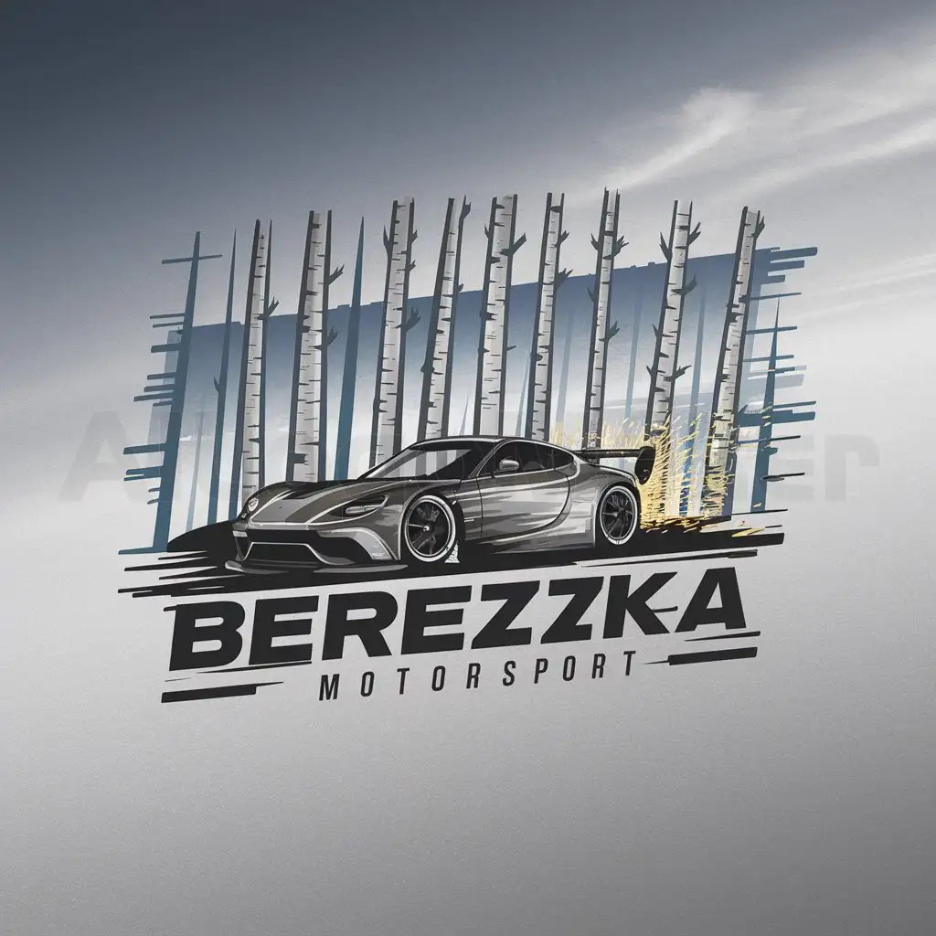 a logo design,with the text "Berezka Motorsport", main symbol:Racing car drifts on a birch background,Moderate,clear background