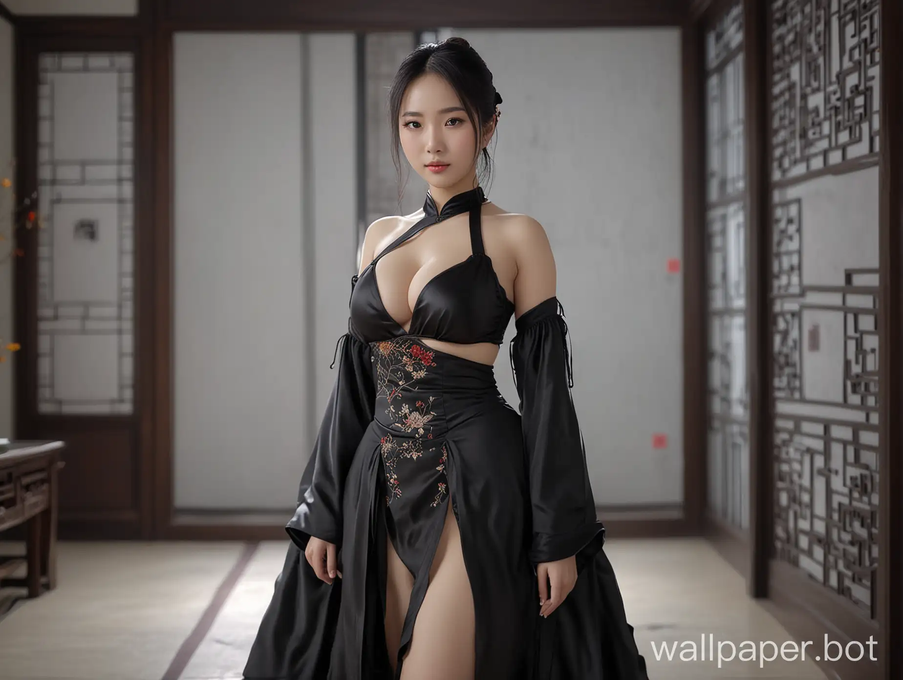 4k Revolution, ai asian girl black chinese dress big boobs indoor
