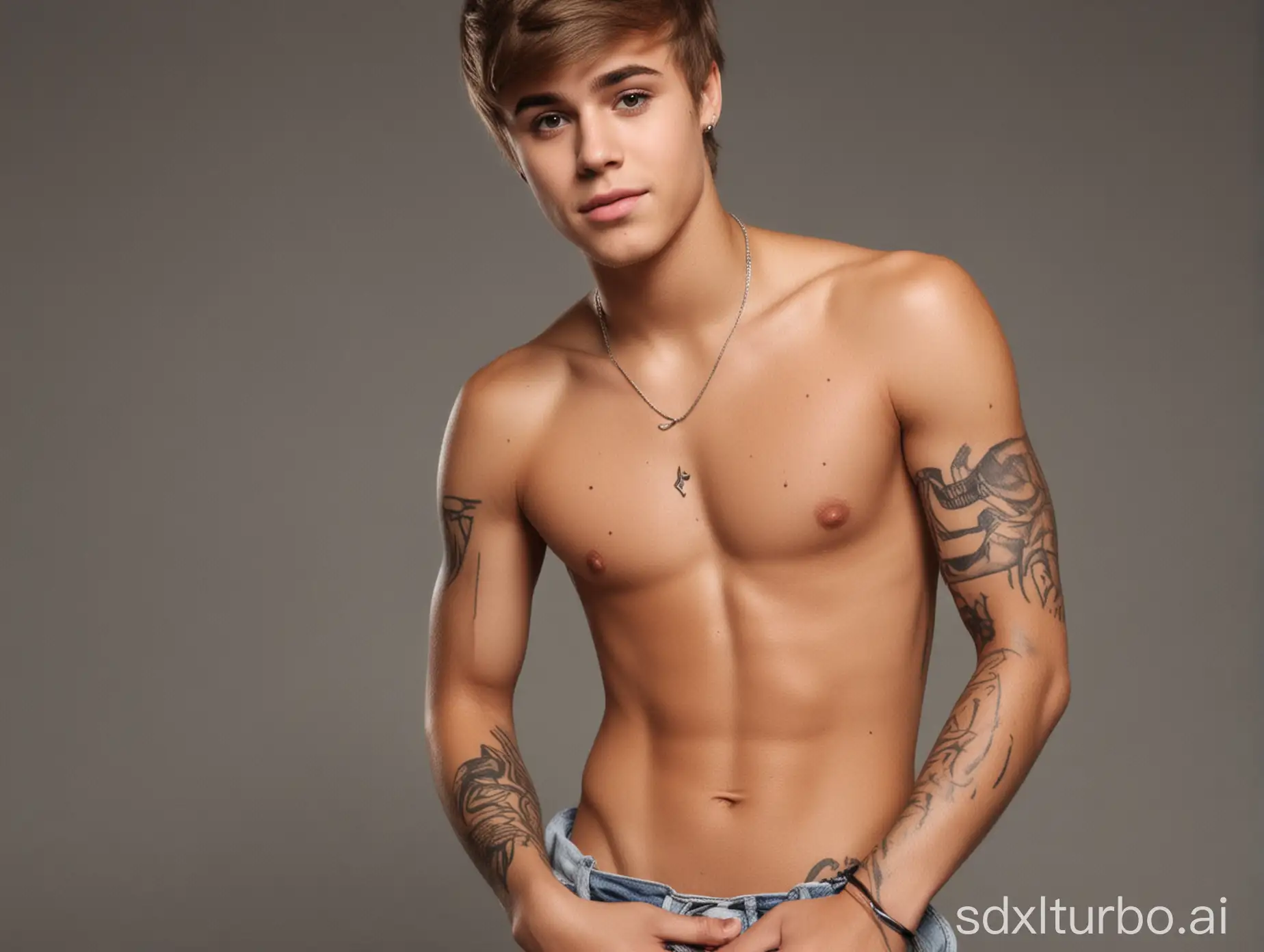 Realismo crie o cantor Justin Bieber sem camisa e musculoso