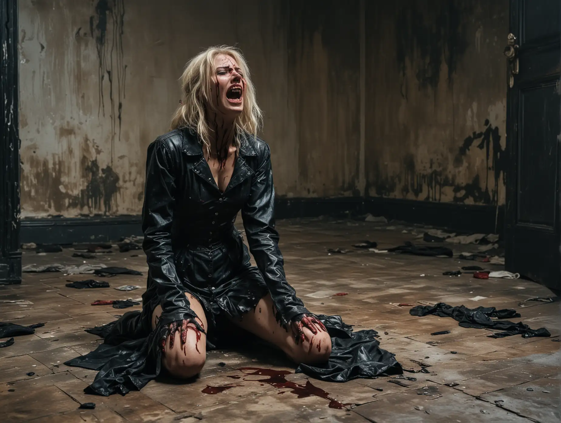 Distressed-Blonde-Woman-in-Bloodstained-Attire-Mourns-in-Abandoned-Interior