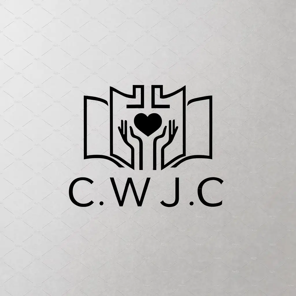 a logo design,with the text "CWJC", main symbol:cross open books hands up heart,Minimalistic,be used in Religious industry,clear background