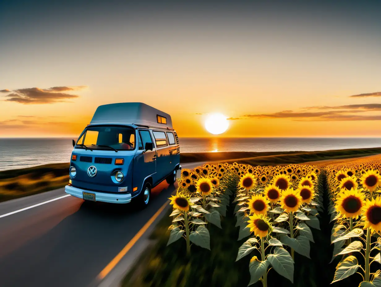 an camper van driving off into the sunset with the ocean on the left side and sunflowers on the right side