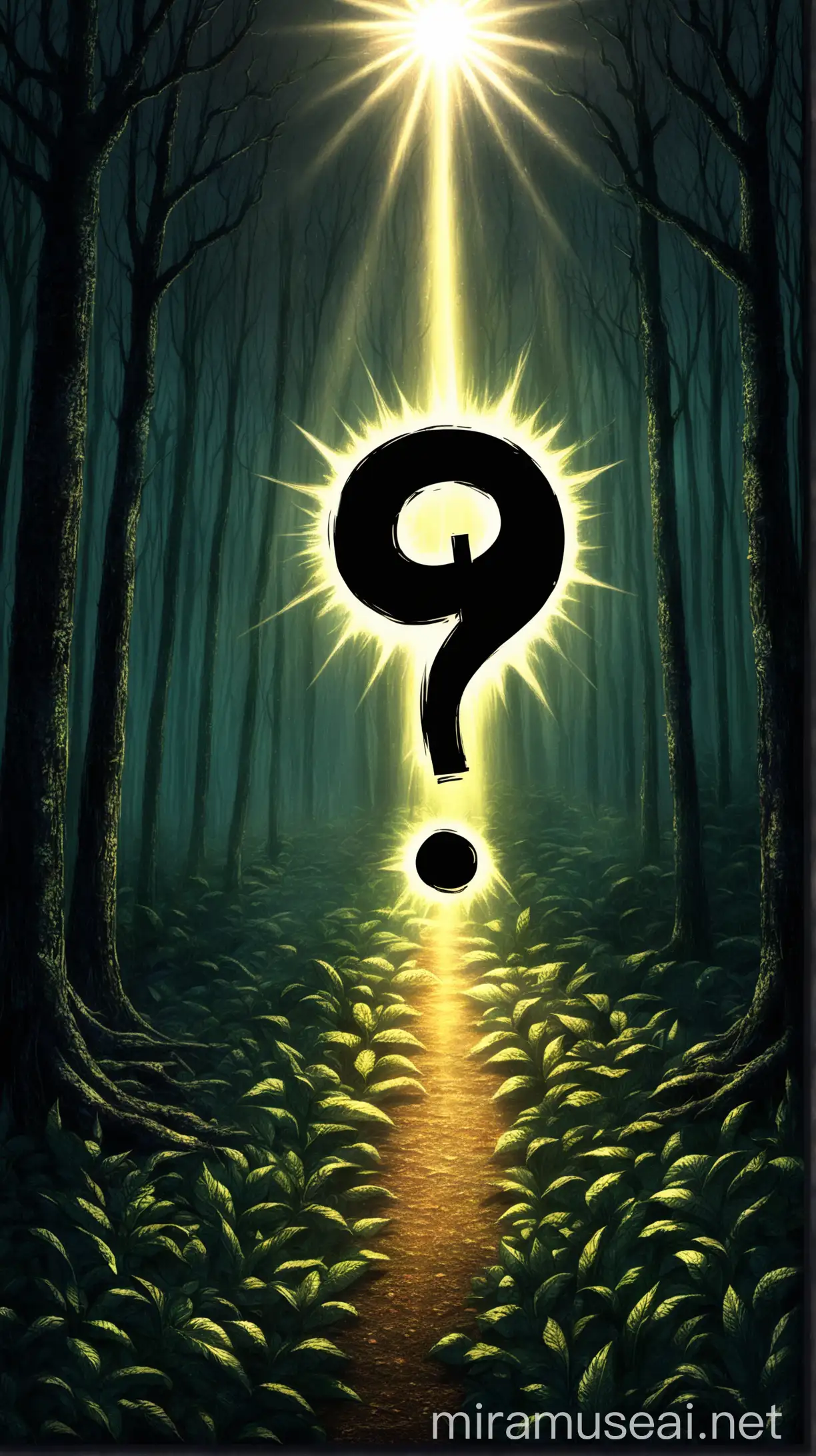 A beautiful and mystical question mark. In the background there is a dark forest and a ray of sun that shows the way. Colors adds depth and richness to the scene. Textures and shadows make the picture more detailed. JoJo reference.
