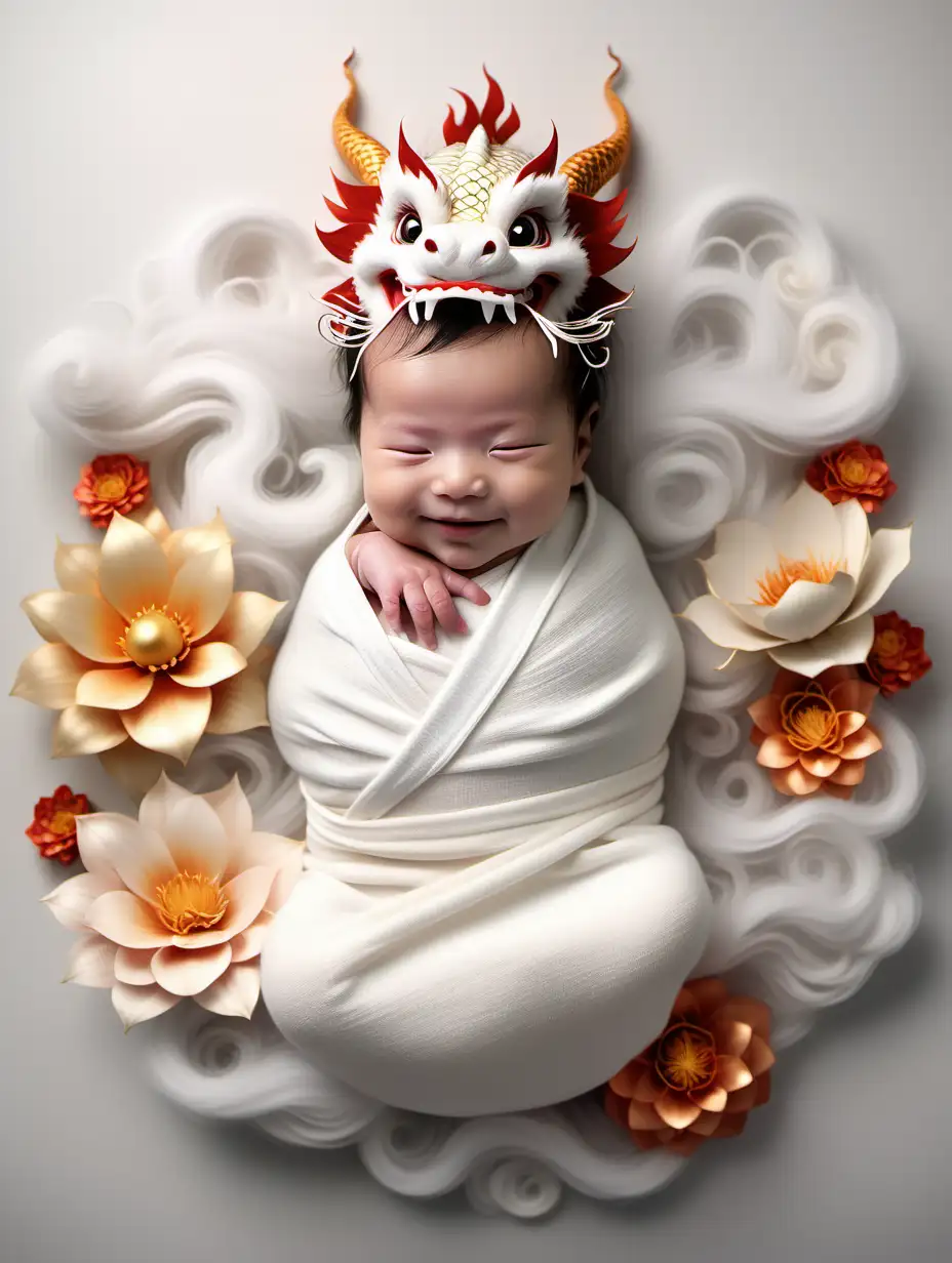 chinese dragon wrapped newborn baby smiling  fantasy background with oriental flowers clouds background and chinese dragon tail clean white neutrals girl 