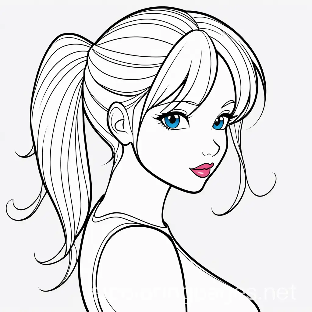 girl, short tight skirt, big boobs, small white top. pink hair pony tail, fair skin, dark blue eyes, red lipstick,, Coloring Page, black and white, line art, white background, Simplicity, Ample White Space. The background of the coloring page is plain white to make it easy for young children to color within the lines. The outlines of all the subjects are easy to distinguish, making it simple for kids to color without too much difficulty