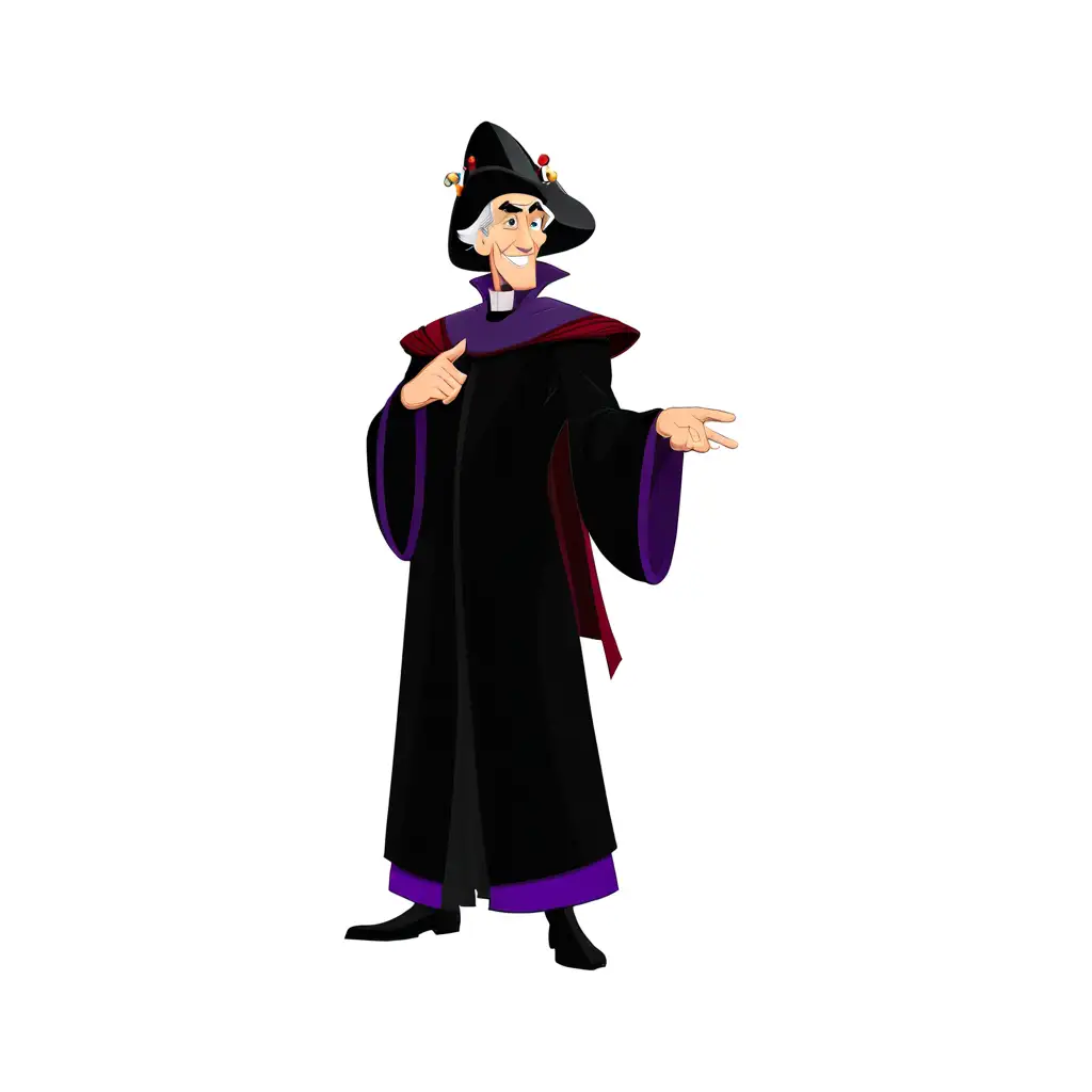 Claude Frollo from disney, minimalist, detailled vector art, colored illustration with a black outline. Frollo is an aging man, shown by his wrinkled, care-worn face and thinning white hair. As the Minister of Justice, Frollo is dressed in a black and purple robe, a purple jumpsuit, a purple and black striped tricorn hat with a red sash attached to the bottom, and black shoulder pads with red stripes. The inside of his shoulder pads are purple. He also wears rings on his fingers, two on the right and one on the left, with the jewels colored blue, red, and green.