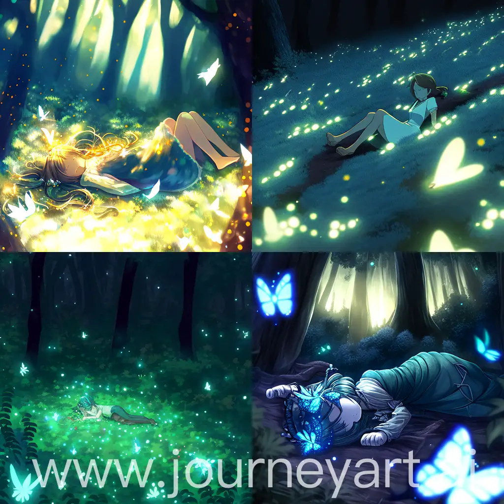 a teen girl laying on the ground in a forest, fireflies around her, anime style