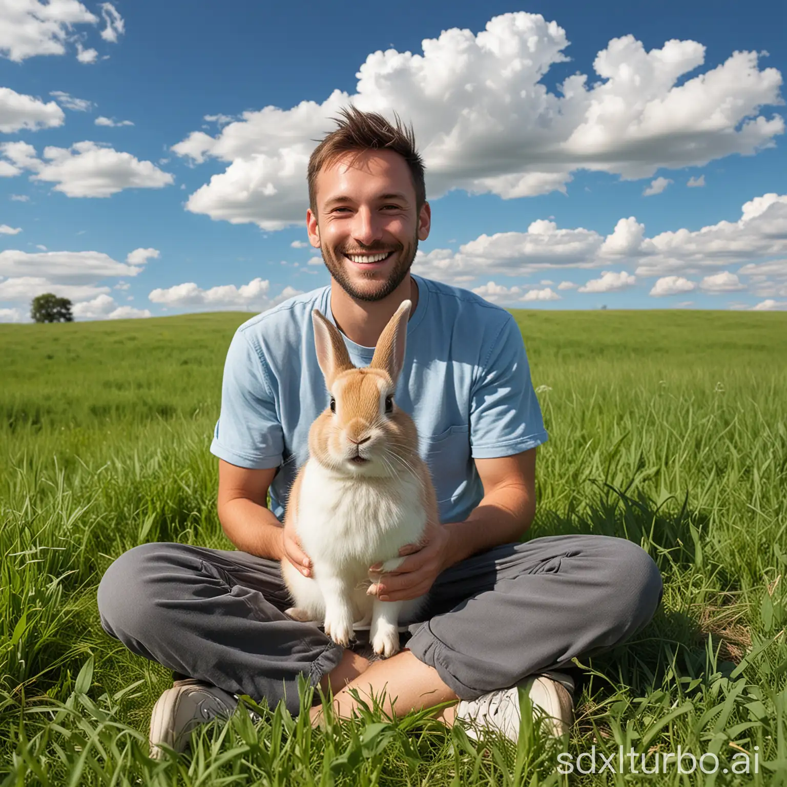 Foto hochauflösend. Ein niedlicher Hase der einen menschlichen,lächelnden Männerkopf hat und auf einer Wiese im Gras sitzt. Der Himmel ist blau mit kleinen Wolken.
