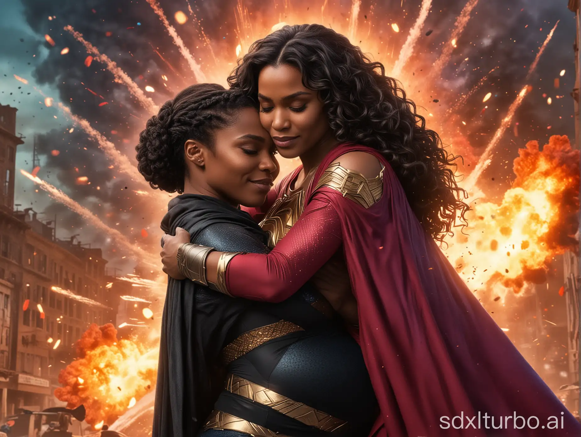 Image in an action scene, pregnant superwoman next to black panter who are hugging, a multi colored explosion in the background
