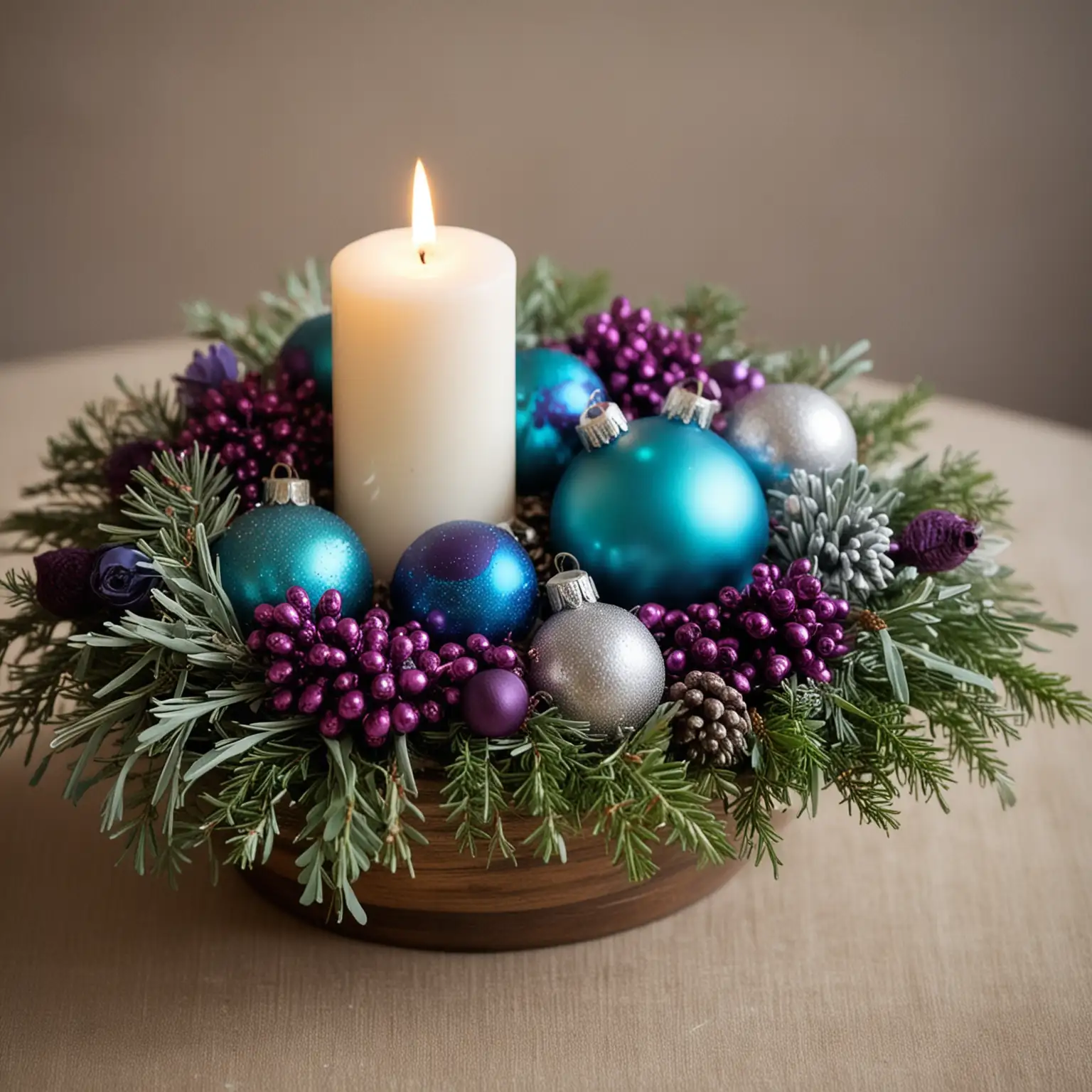 simple boho winter wedding centerpiece with turquoise and purple accents and ornaments; nothing else in photo; keep background neutral