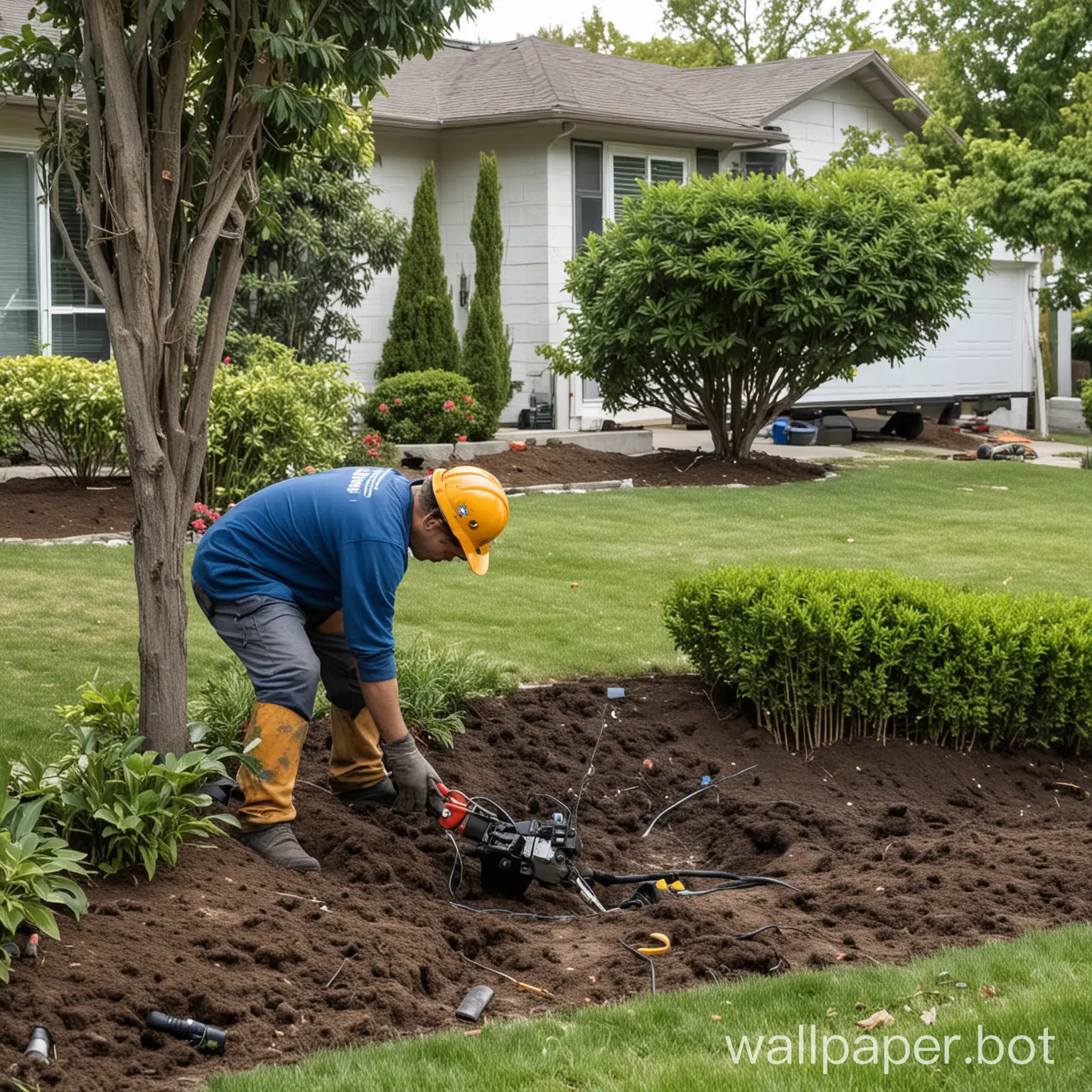 Fiber-Optic-Technician-Digging-for-Cables-in-Front-Yard