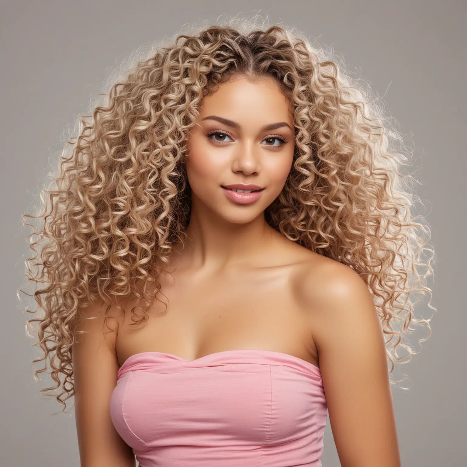 attractive light skin woman with pink strapless top and long curly hair 