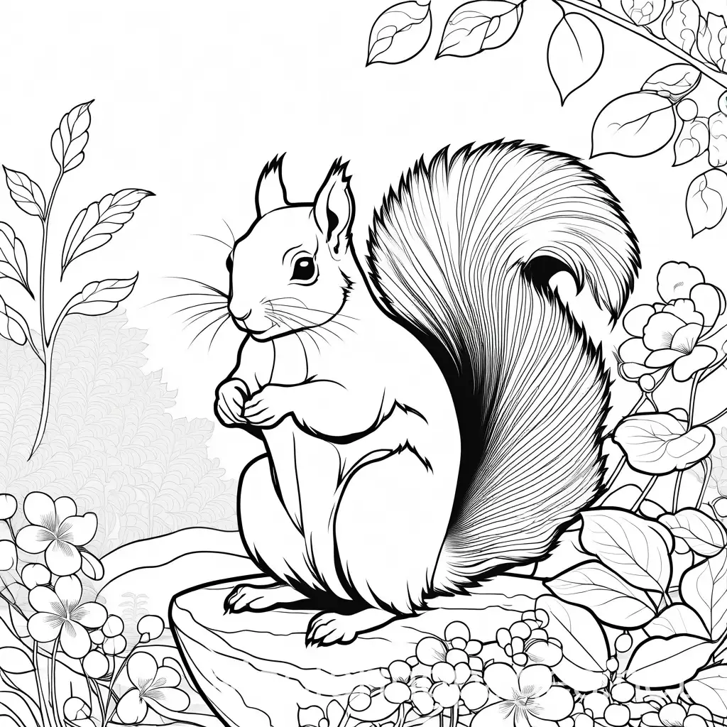 Gray squirrel in a garden, Coloring Page, black and white, line art, white background, Simplicity, Ample White Space. The background of the coloring page is plain white to make it easy for young children to color within the lines. The outlines of all the subjects are easy to distinguish, making it simple for kids to color without too much difficulty