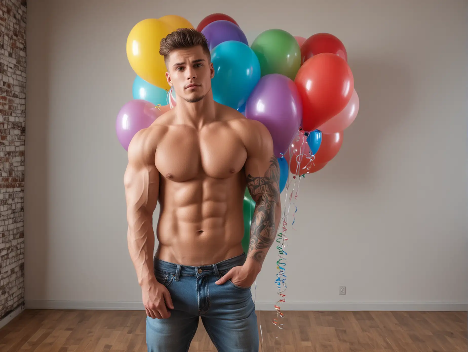 Sexy young muscle man stand in a room full of very big balloons. The man has very big arms and very big shoulders. the level of the balloons reach the shoulders of the man. Only the head and the shoulders of the man are over the big balloons of different colors. The man wears a tight T-shirt and has tattos on his arms.