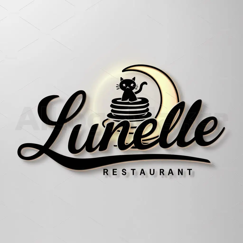 LOGO-Design-For-Lunelle-Whimsical-Cat-Pancake-Moon-Emblem-for-Restaurants