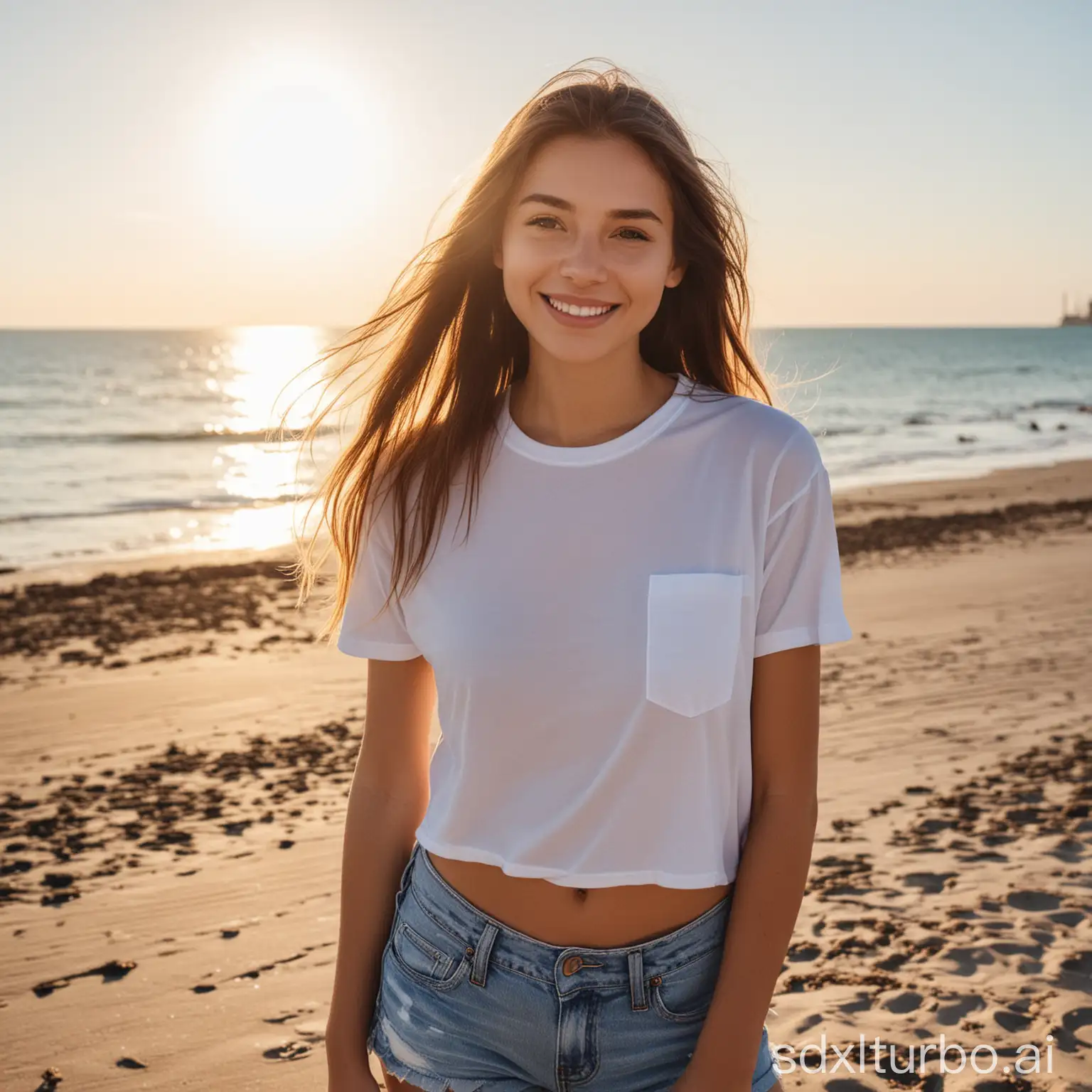 A young woman, half body, long hair, wearing a white T-shirt and denim shorts, standing on the beach, looking back and smiling, looking into the camera, the sun shining on her, daylight, beautiful