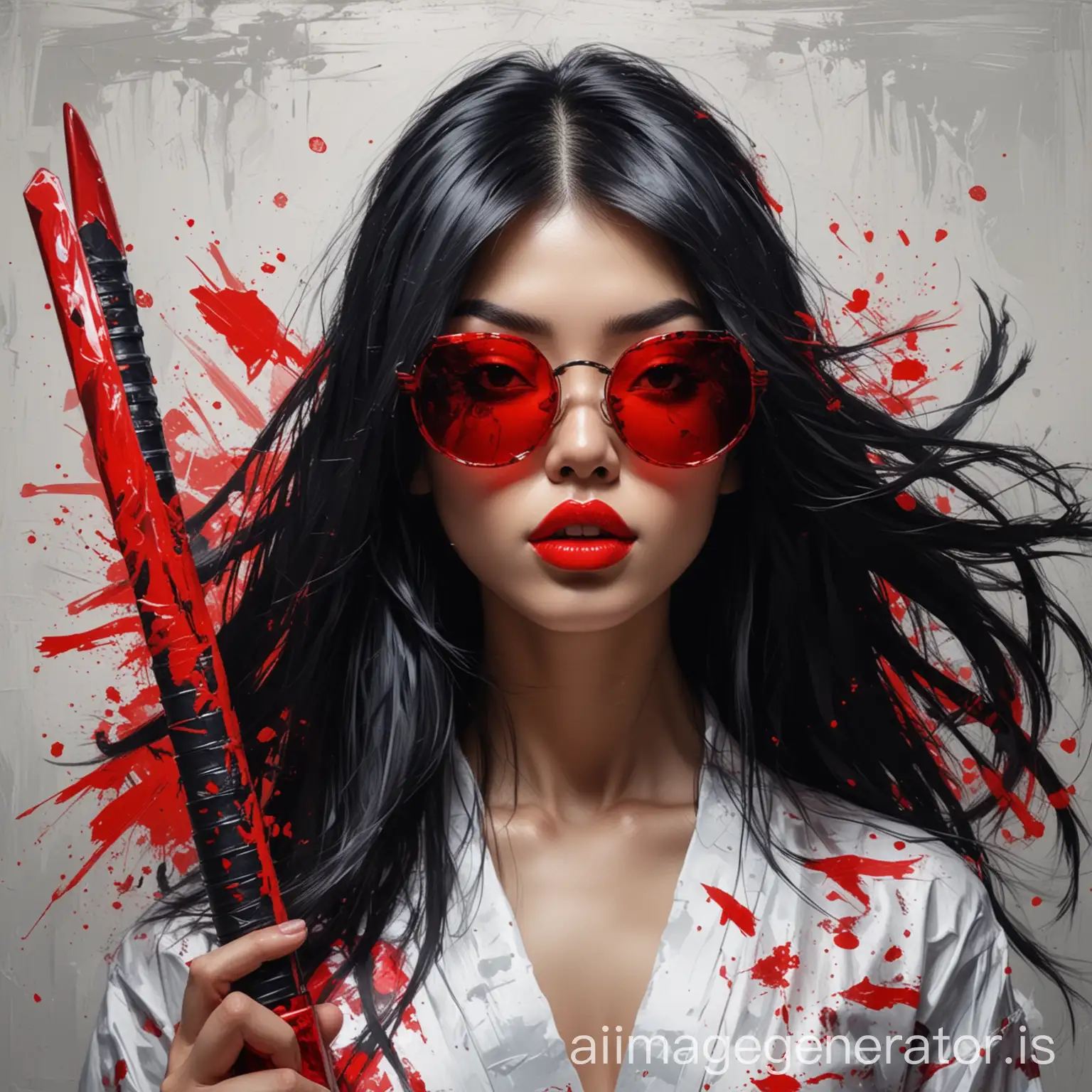 abstract art with no background of a girl having long black shiny hair with big red sunglasses with big red lips wearing and holding a samurai sword
