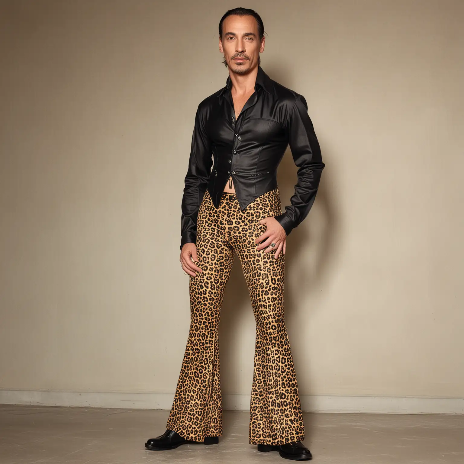 Fashionable Leopard Print Bell Bottom Pants with Corseted Man in Artisanal Style Inspired by John Galliano and Tom of Finland