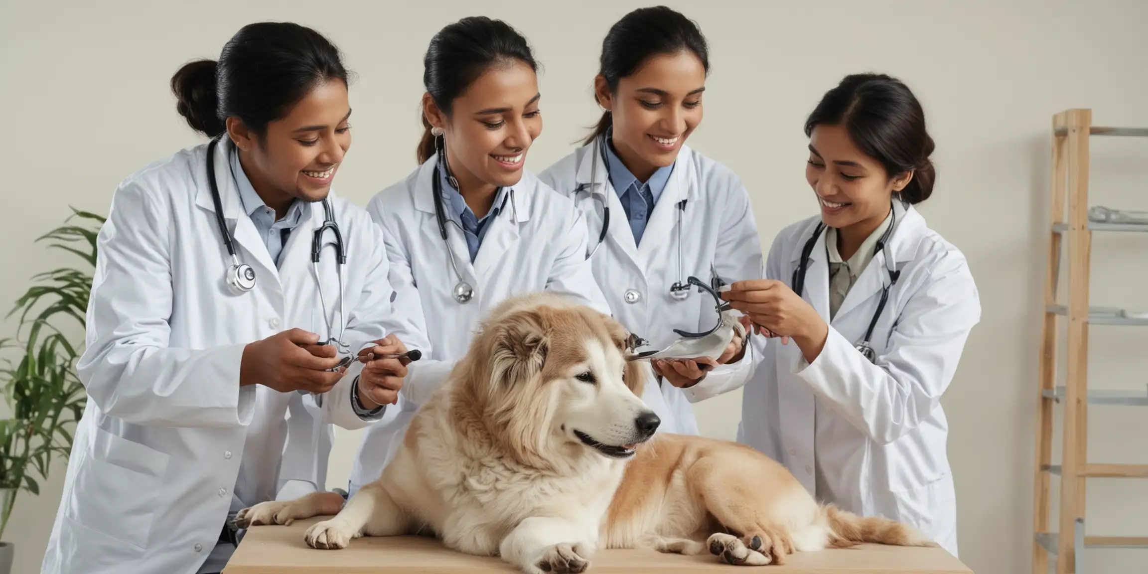 Indian, African, and Asian Veterinarians examining happy dog