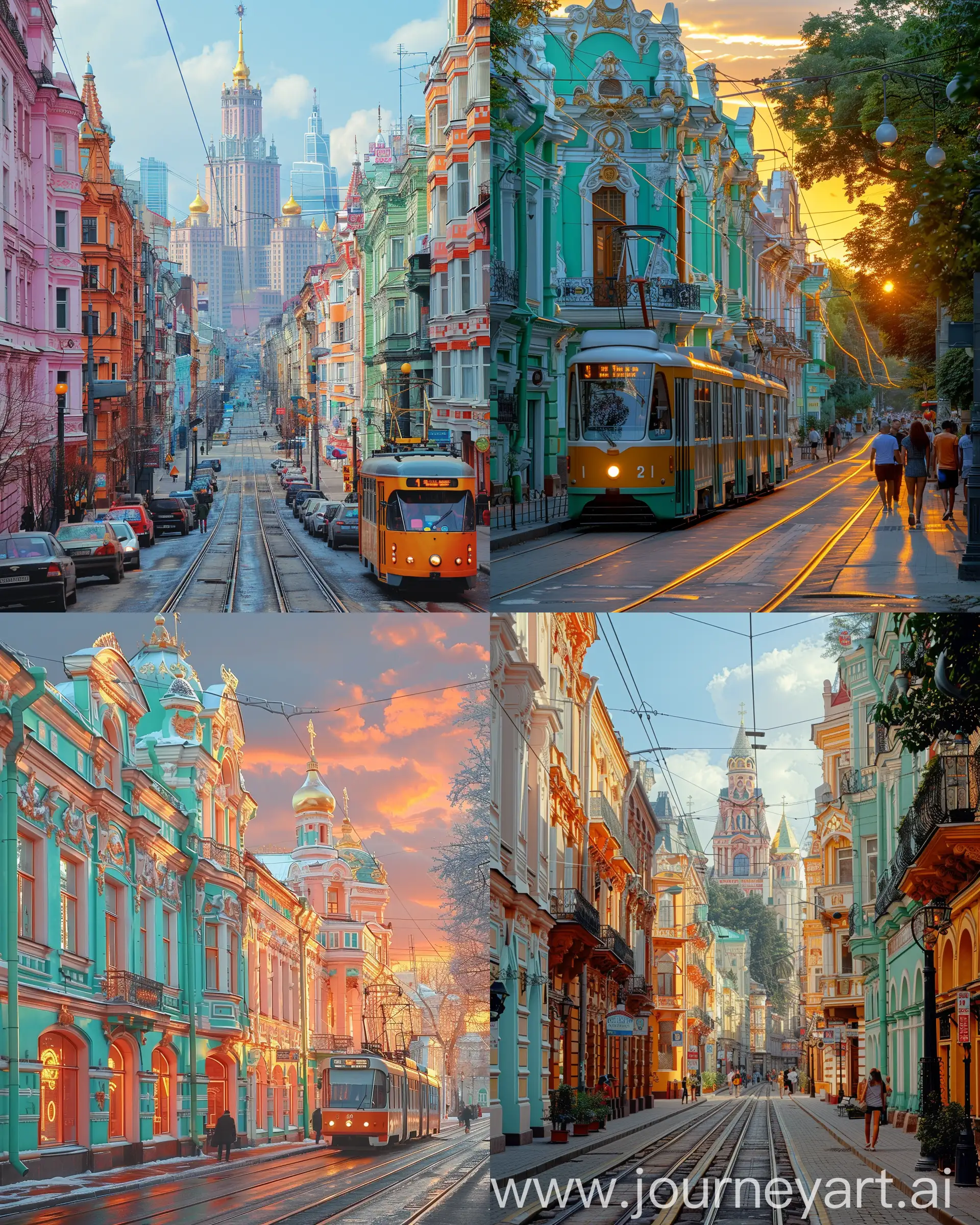  Russian city street with tram tracks and buildings, fusion of Constructivism, Rococo, and Art Deco styles, dynamic angles, geometric shapes, ornate details, pastel color palette, interplay of shadow and light, bustling atmosphere, pedestrians --ar 4:5 --s 750 --c 15 --relax --v 6
