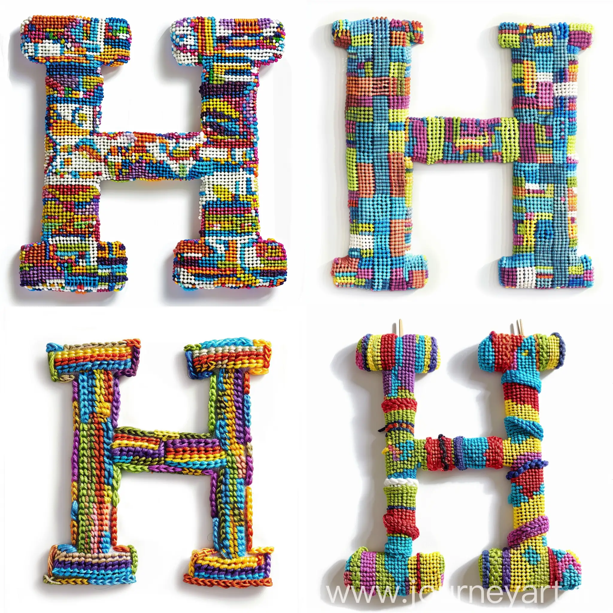 the text letter "H" made of colorful knitted ebroidery, completely white background, no shadows