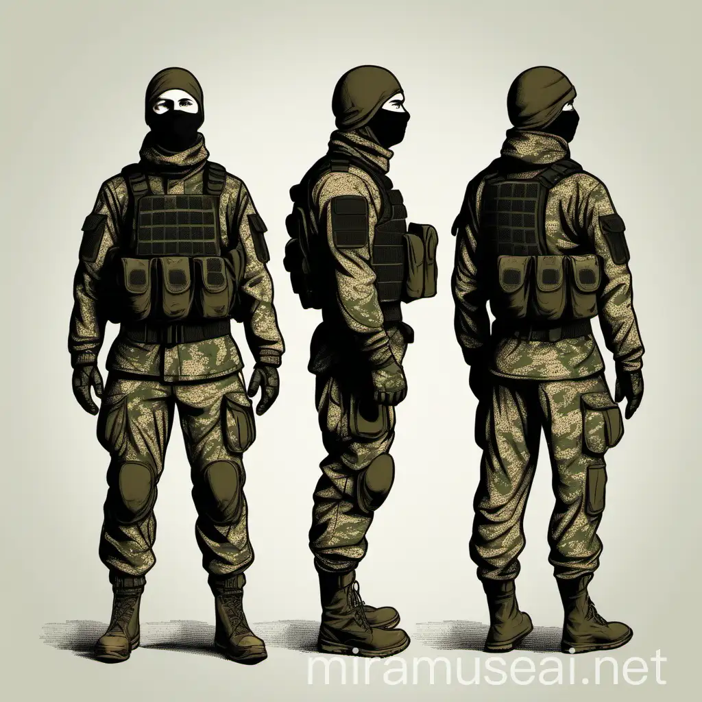 Russian soldier in camouflage uniform with balaclava and body armor,WITHOUT A RIFLE in different poses(drawn)