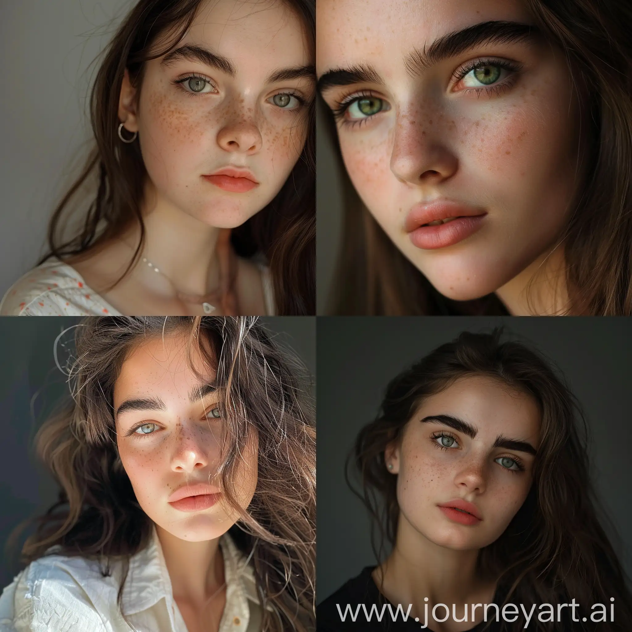Aesthetic instagram photograph of a 15 year old teenage girl super model, bushy eyebrows, gorgeous face, professional photograph, studio