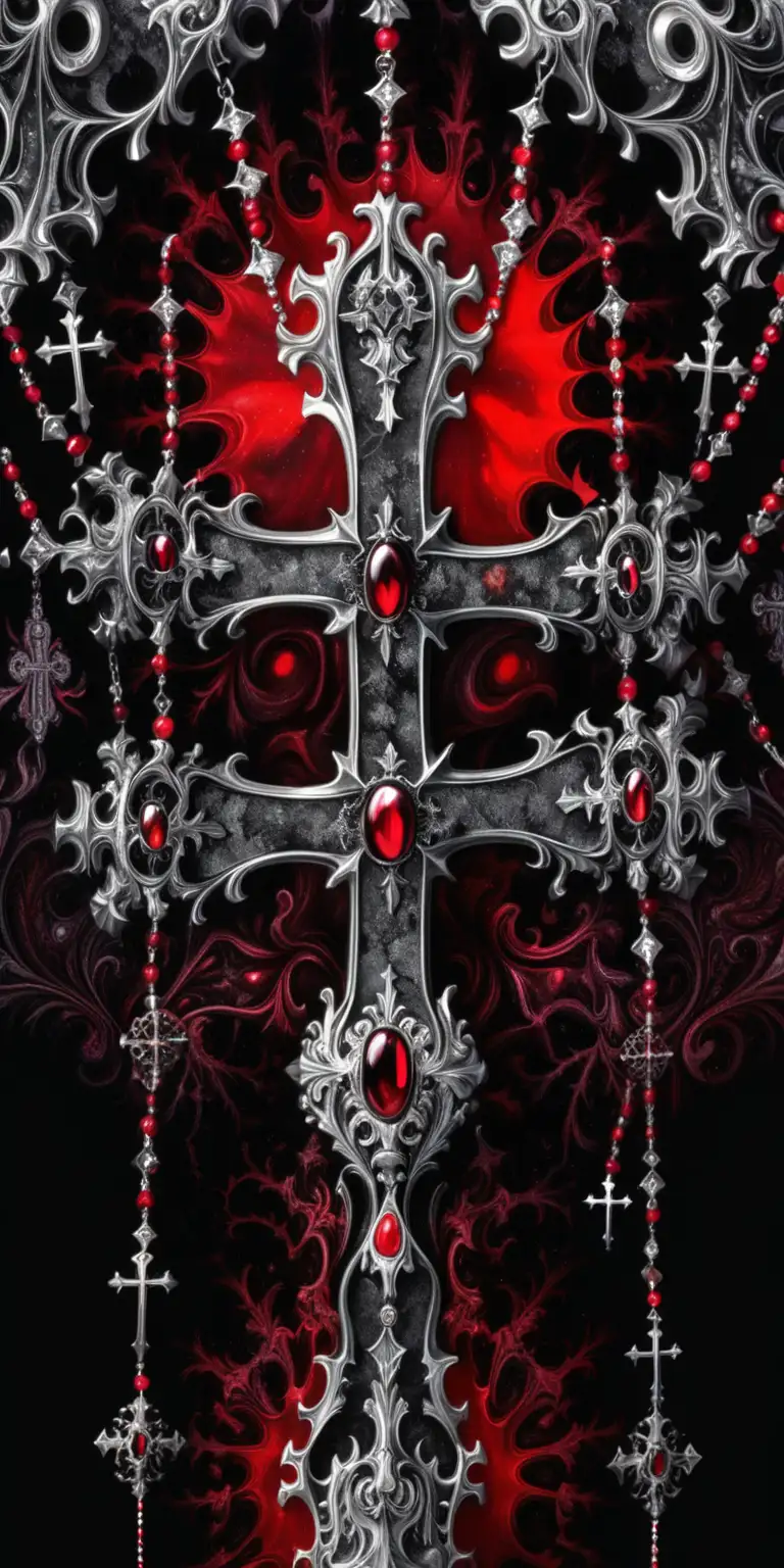 abstract wallpaper. black holy background. silver crosses. red rosary chains. marble. fractal. no humans. surreal. splash art. pour paint. vampire themed. multi-depths. very intricately and microscopically detailed.