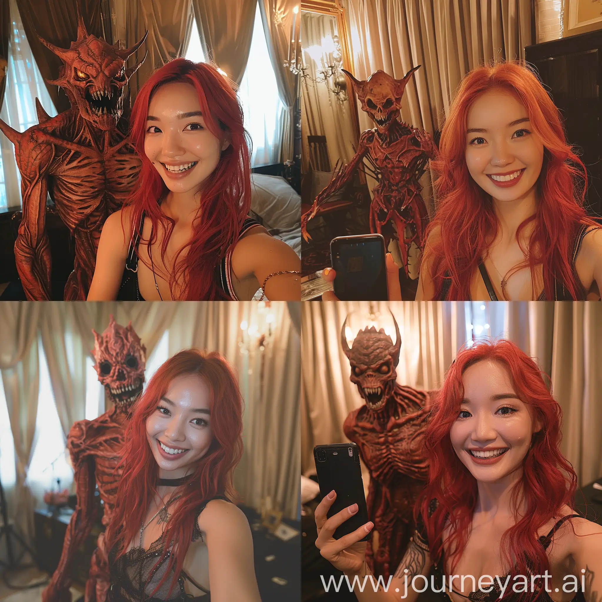 A asian young woman with fiery red hair smiles joyfully in a selfie while a menacing, demonic figure with red, scaly skin and sharp, jagged teeth stands silently behind her in a dimly-lit room with curtains. The overall atmosphere is eerie and unsettling. --ar 1:1 --q 2 --stylize 700