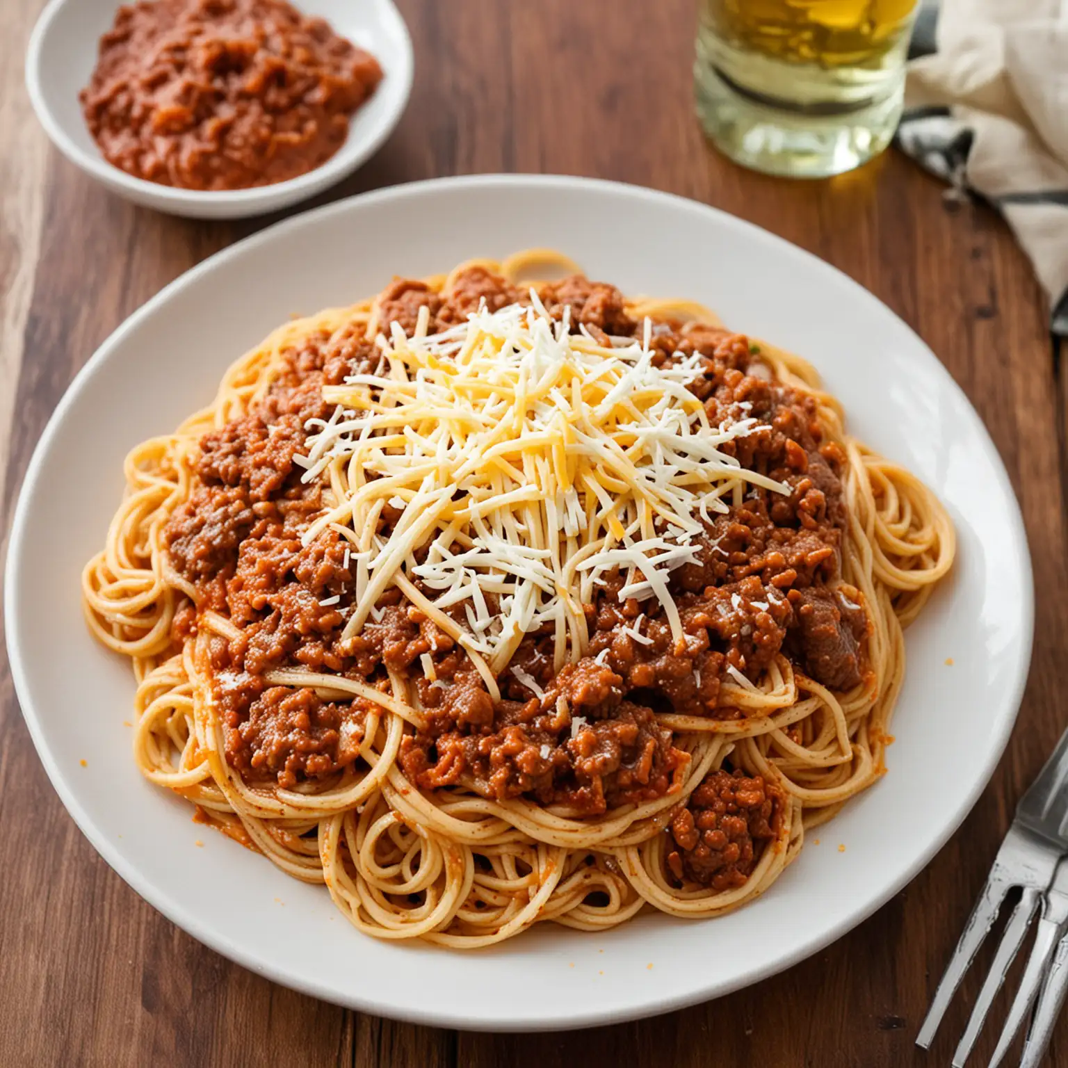 un assiette de spaguetti avec sauce de viande et fromage chaud , photo realistic 