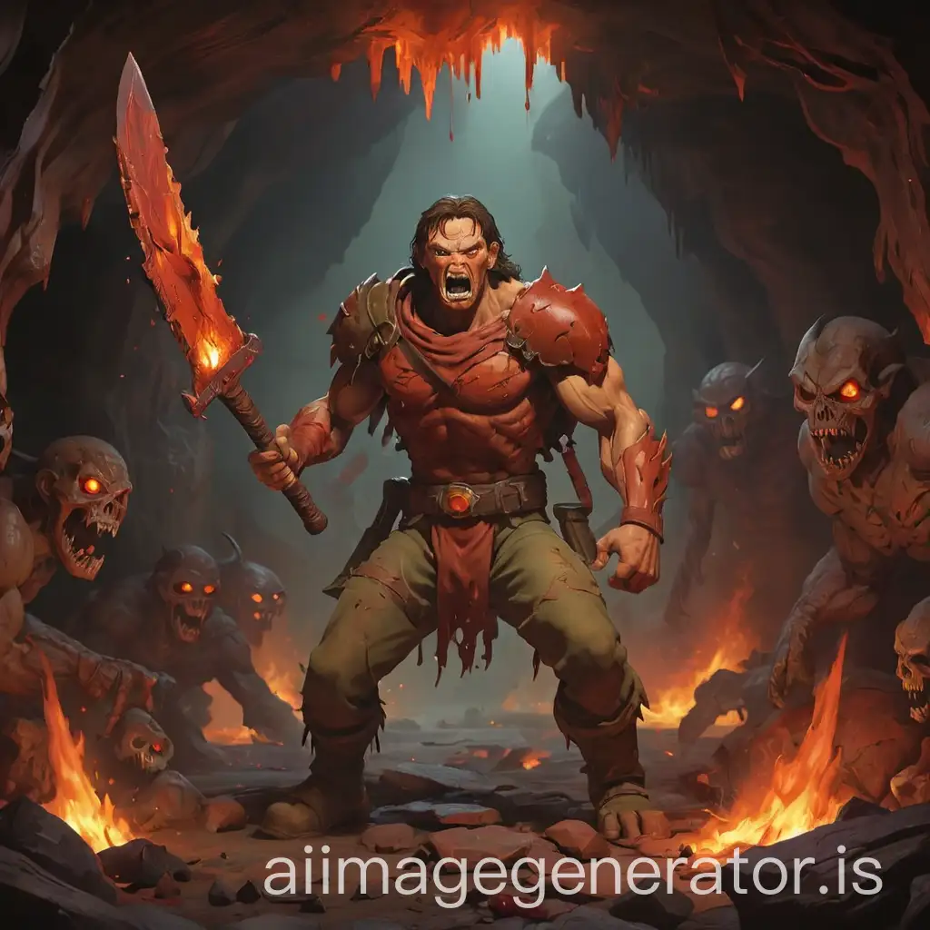 old school doom video game style image of a man in a fiery cave wearing torn clothes holding a bloody machete surround by demons trying to kill him