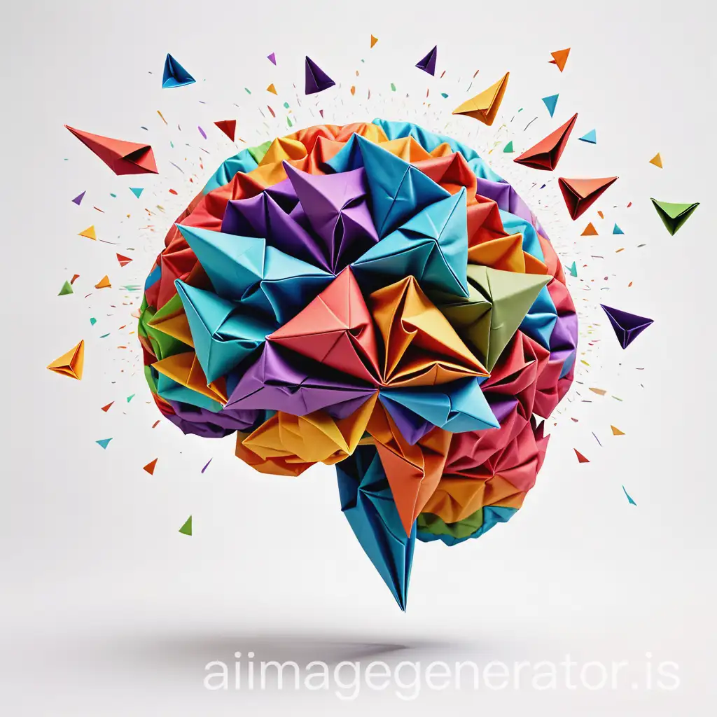 multi-coloured Brain explosion with in origami triangles flying in white background