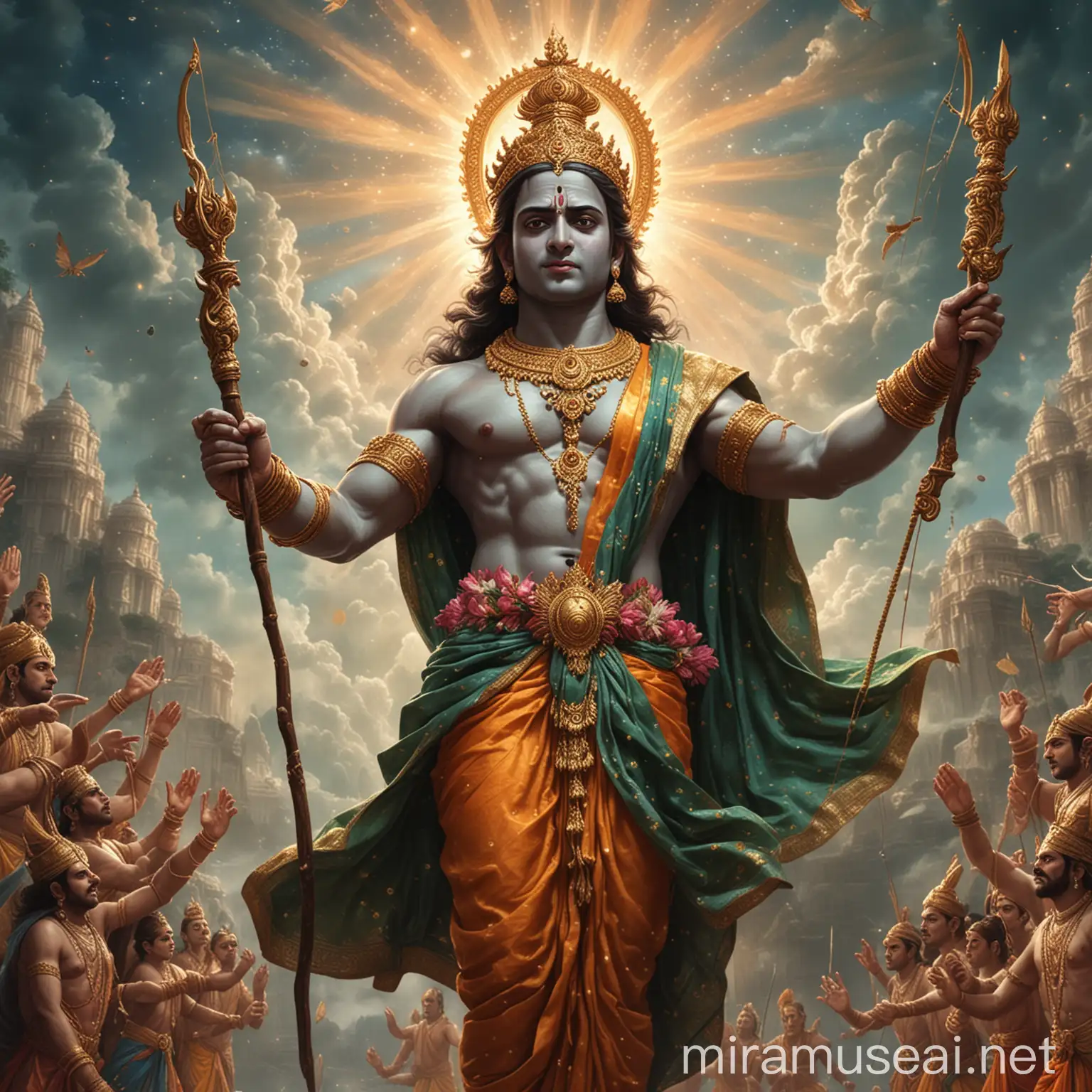 Create a vivid and awe-inspiring scene capturing the divine moment when Lord Rama, adorned in regal attire and wielding a bow, stands in the foreground, emanating kingly grace. Behind him, a celestial spectacle unfolds as a colossal avatar of Lord Vishnu manifests in the sky, adorned with four divine hands, radiating an aura of transcendental power, hyper realistic, photoreal