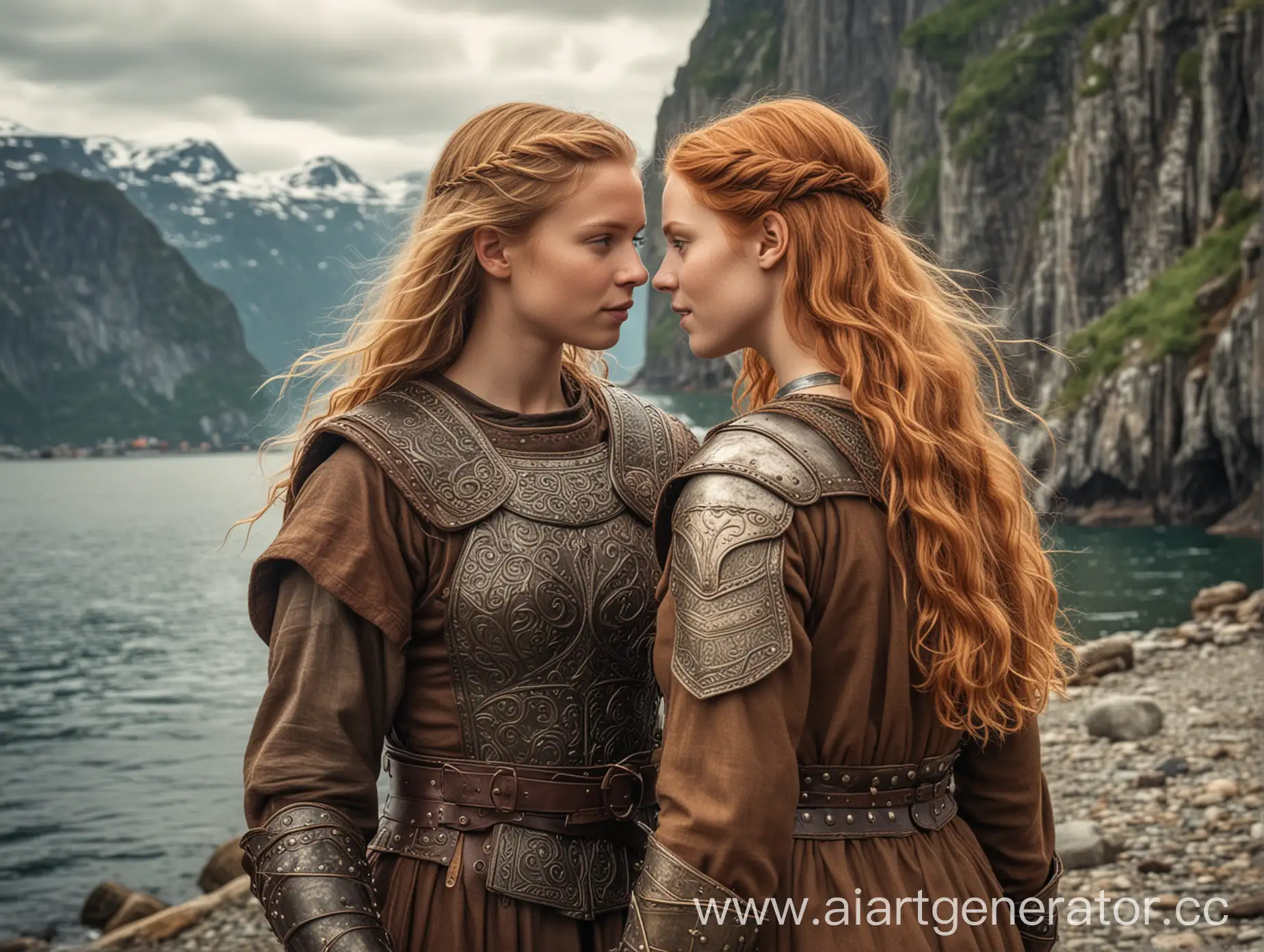 a young scandinavian teenage 20 years with wavy blond hairs, viking brown tunic armor, carrying a redhead viking girl in brown tunic, they look at each other, super realism, HDR, intricate, highly detailed, they stand on coast of fjord