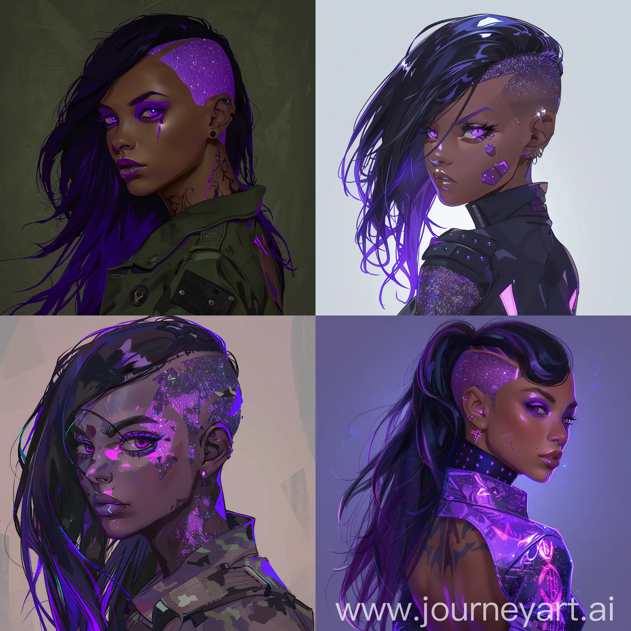 Race Profound, Female, Clothing Style Militaristic, Eye-purple color, unusually shaped irises, floor-length hair, strands on the sides, half shaved hair, Hair Color neon purple, glitter, full body, semi realism artstyle, anime artstyle, character reference