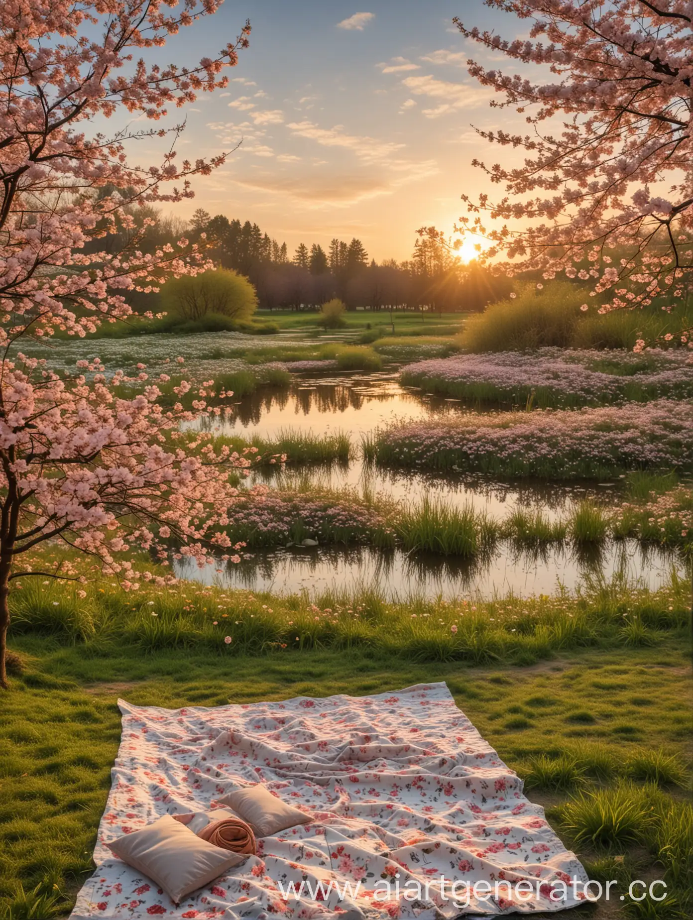 Serene-Sunset-Picnic-by-Sakura-Pond-in-Meadow
