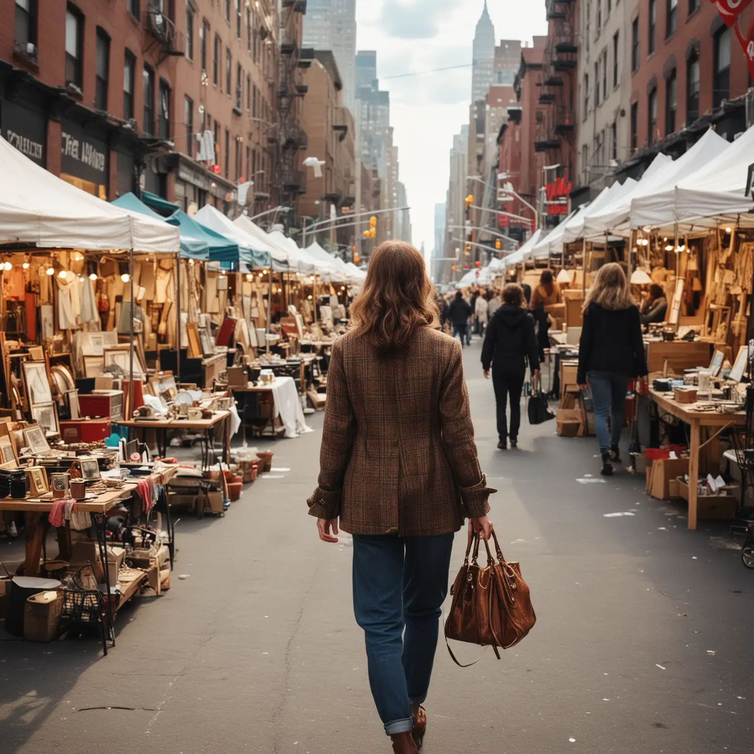 Stylish Woman Walking Through NYC Flea Market