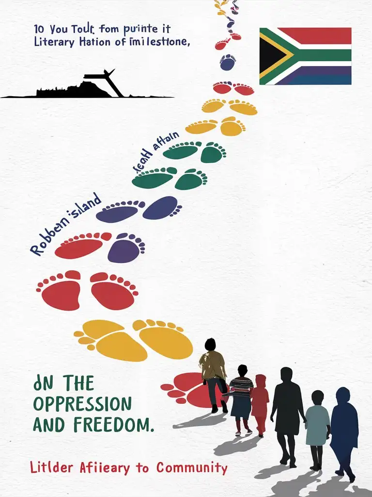 minimalistic pamphlet cover, children's book animation that showcases a path of visible 10 large vivid human footprints, each one representing a different literary theme or milestone coming from Robben island to modern South Africa in downward direction to the South African flag and liberation, Title "30 Footprints of Freedom: South Africa's Literary Strides Towards Democracy and Beyond" silhouettes of the rainbow nations diverse community walking towards books and literacy of liberation, white infused
