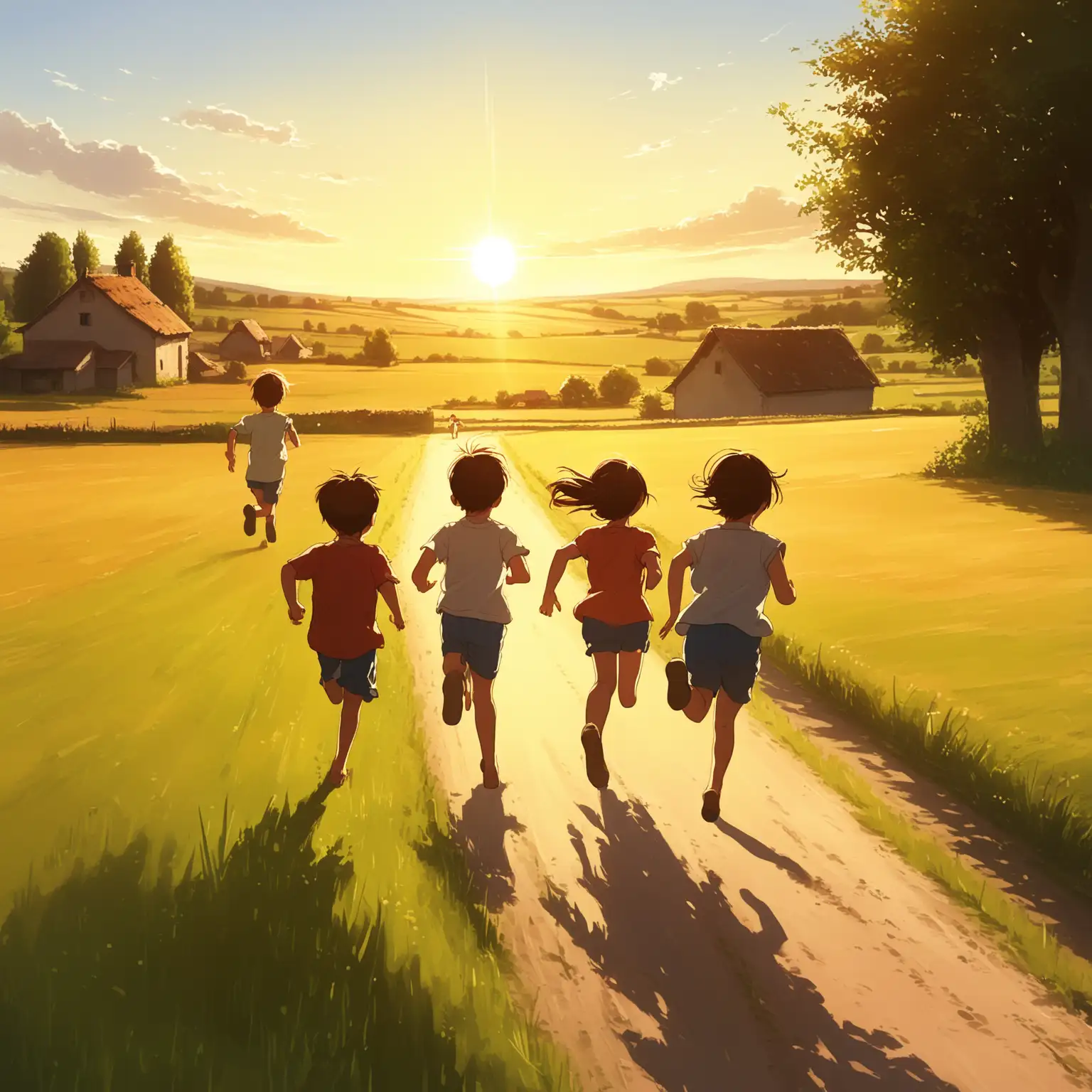 乡村田野，温暖的夕阳，小孩快乐地跑向远方