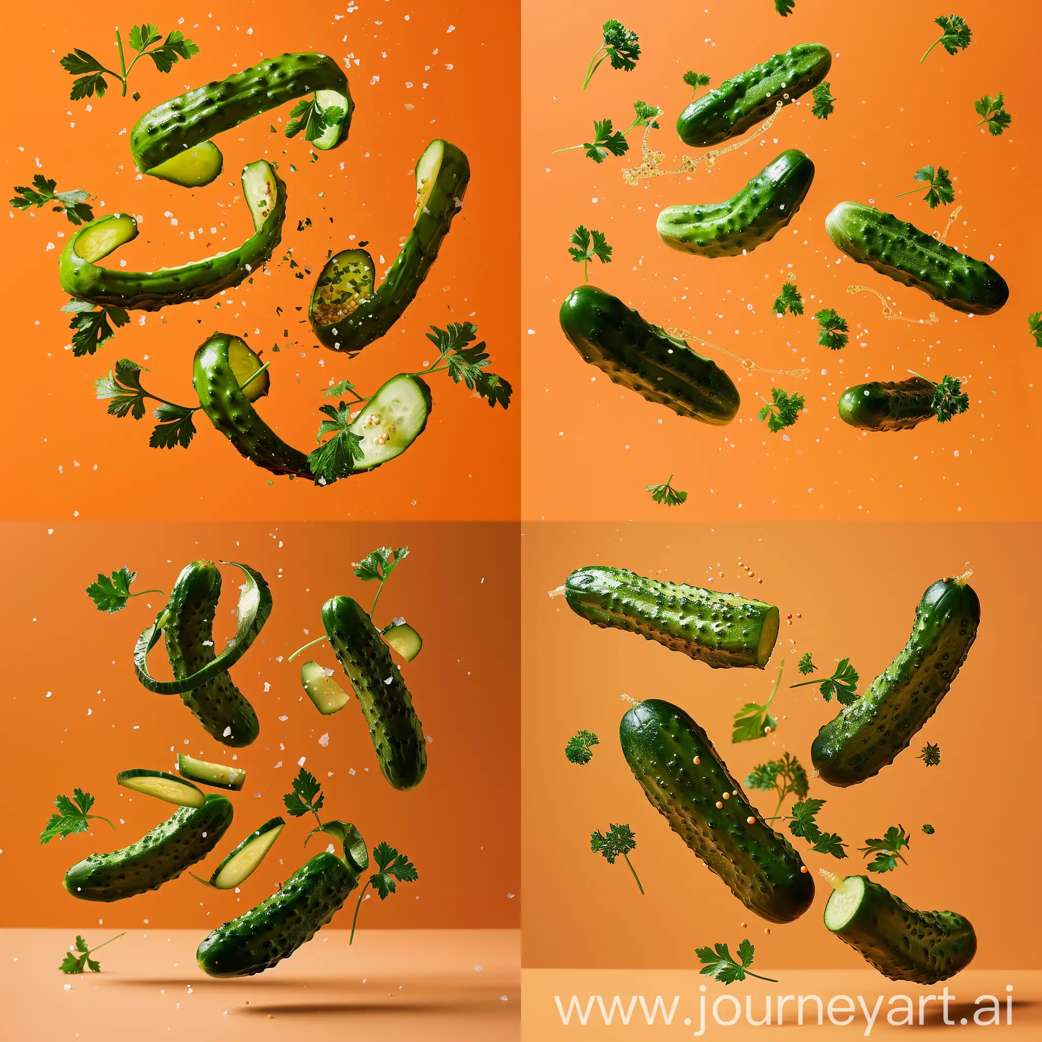 Whimsical-Pickled-Cucumbers-Flying-with-Parsley-on-Orange-Background