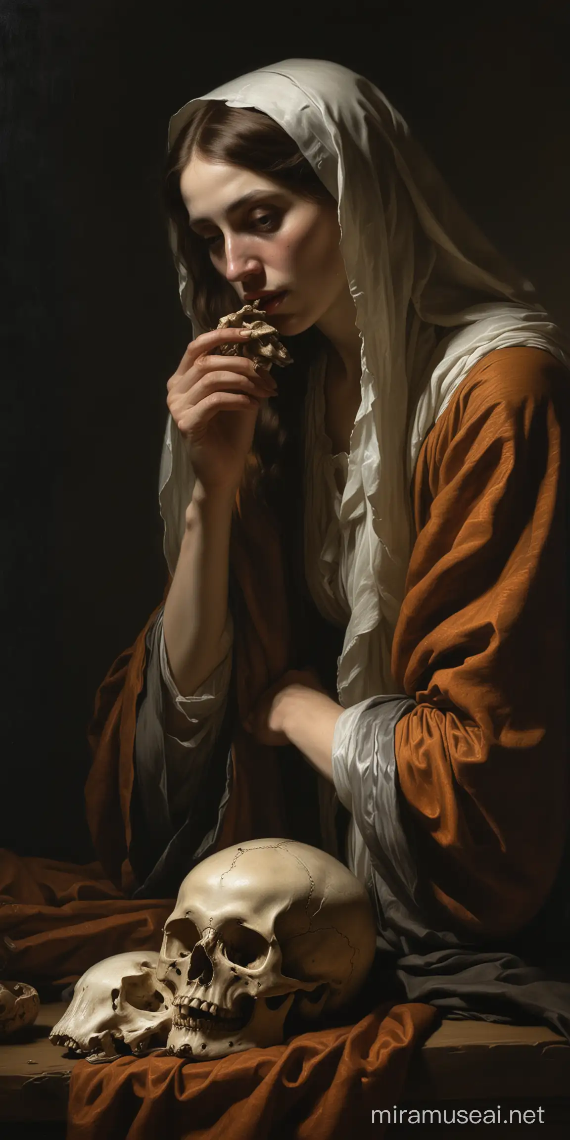 painting that will show the penitent Mary Magdalene holding a skull and looking to it, in a Rembrandt style, Dramatic use of light and shadow, a technique known as chiaroscuro, This creates a striking contrast between light and dark areas, often highlighting the focal point of the painting, His compositions often convey deep emotional or narrative intensity, Rembrandt's color palette is typically rich but subdued, featuring earthy tones and warm colors, His brushwork is renowned for its expressiveness and texture, ranging from smooth and finely detailed in areas of focus to more loose and impressionistic in other parts,