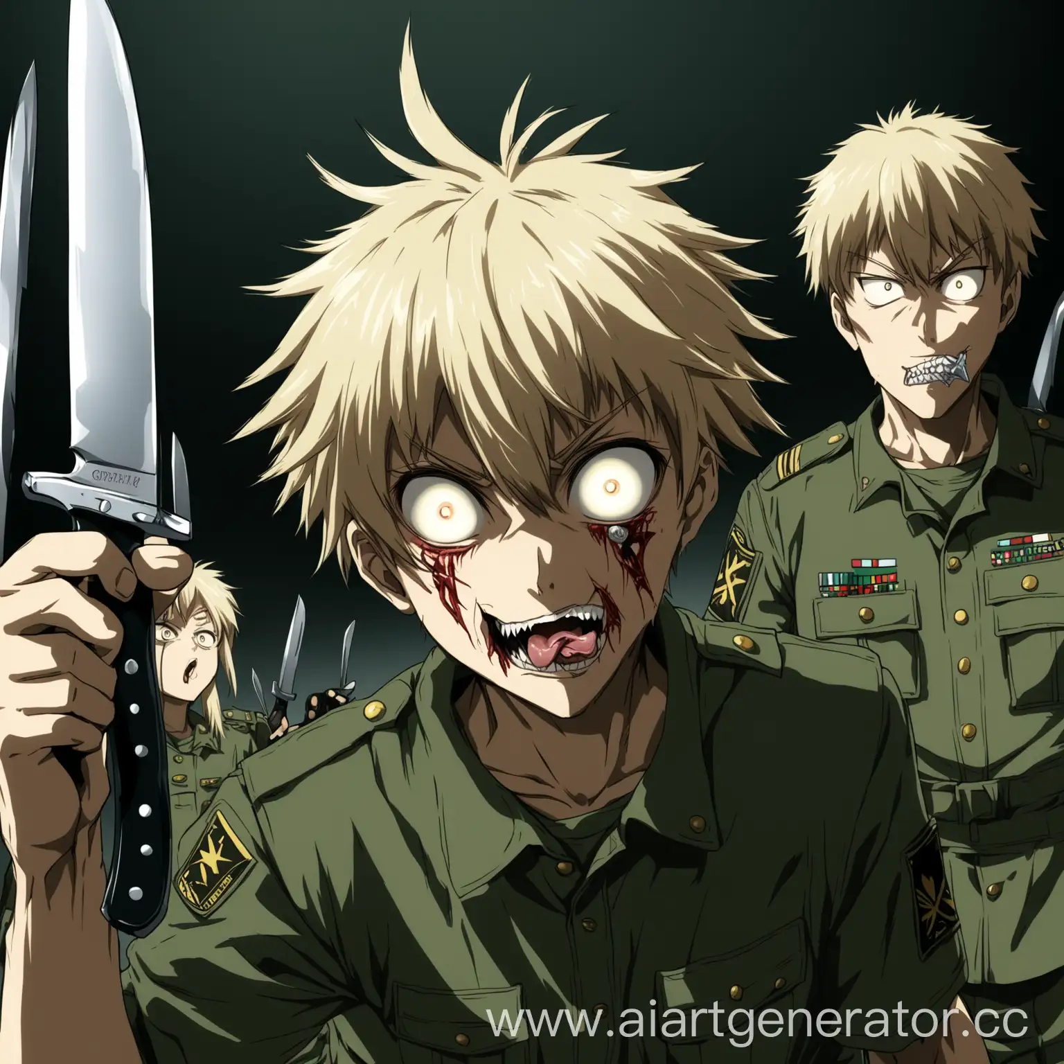 
аниме персонаж парень стоит боком с светлыми волосами и безумным взглядом смотрит в камеру который облизывает лезвие армейского ножа 
