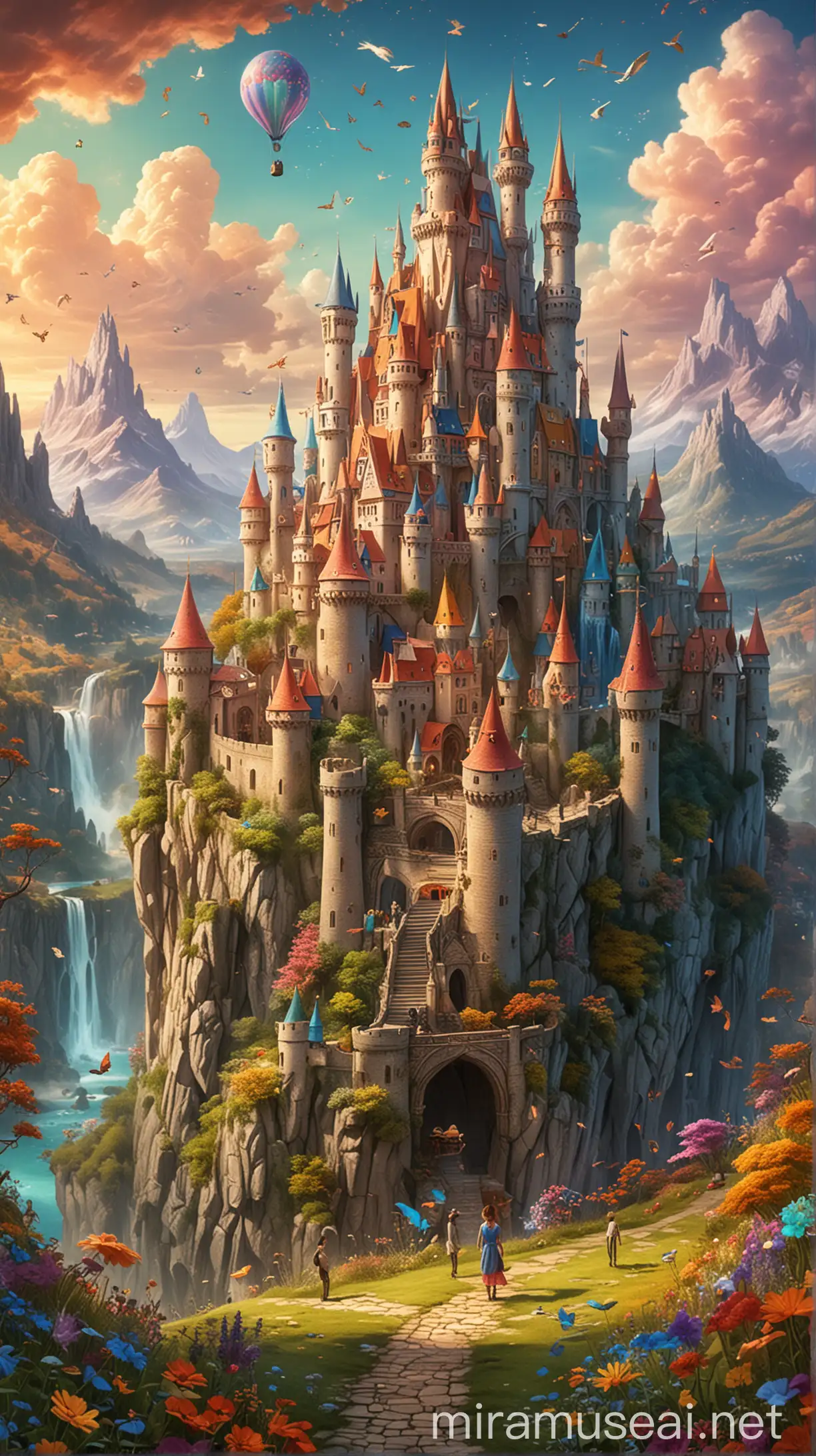 World of Wonder: A whimsical scene depicting a fantastical world filled with vibrant colors, magical creatures, and towering castles, where children's dreams come alive.
 for kids 