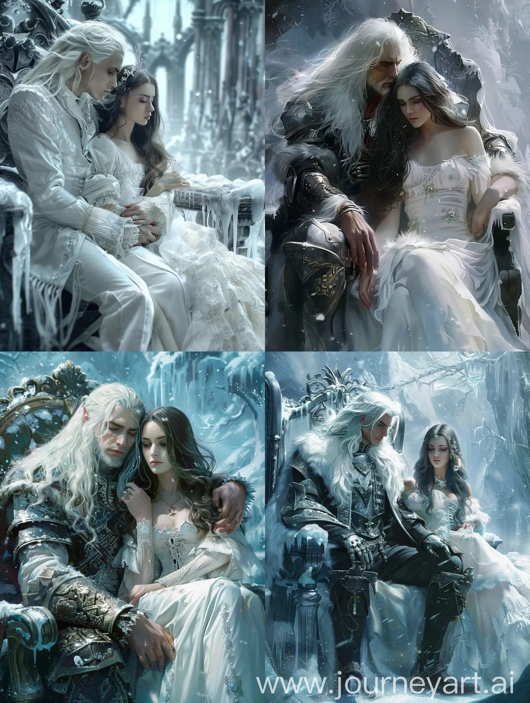 fantasy, мужчина с белыми длинными волосами и девушка брюнетка в белом платье , снежный герцог , ледяной трон