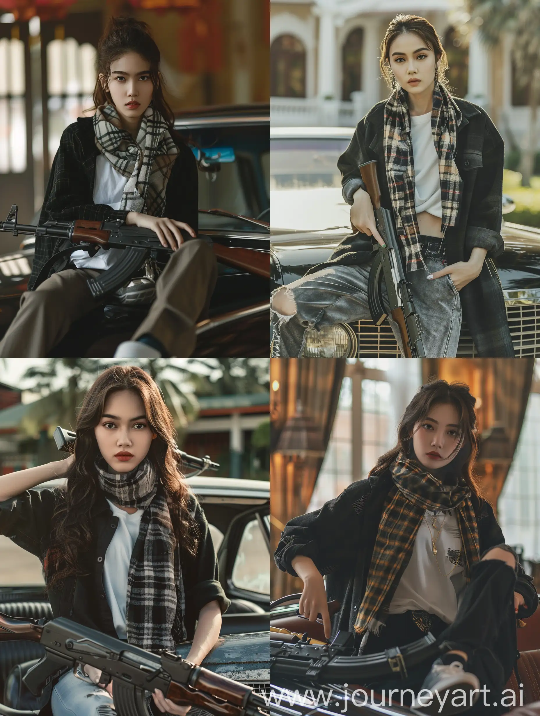 Seorang wanita cantik thailand berumur 20 tahun mengenakan kemeja flanel hitam,scarf, kaos putih, celana panjang, sepatu kets.fokus fokus wajah menghadap kekamera.Duduk diatas mobil clasik mewah. Sambil memegang senjata AK47.foto asli. 8K HD. 